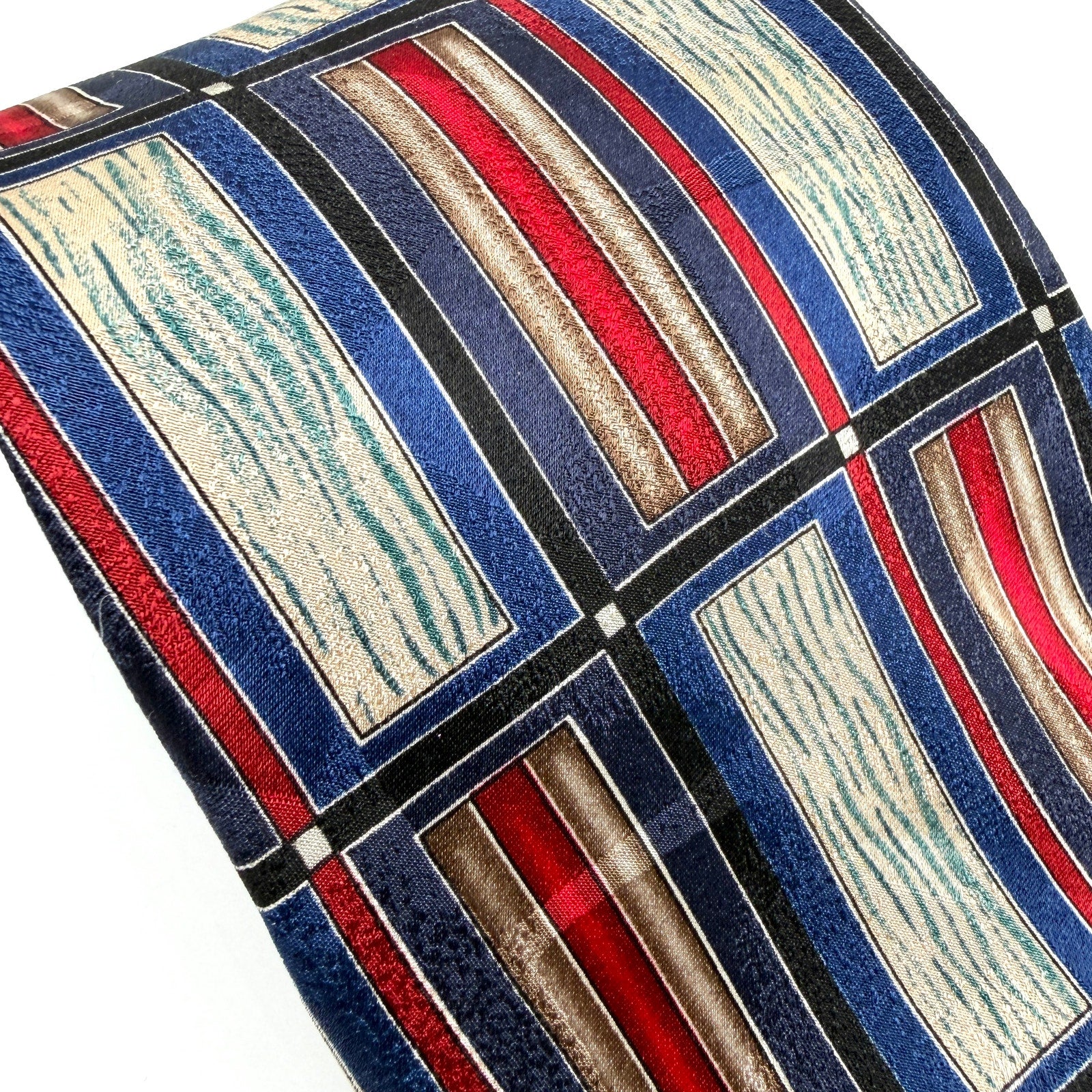 Vintage 90s Albert Nipon Navy Blue Red Silk Geometric Stripe Necktie