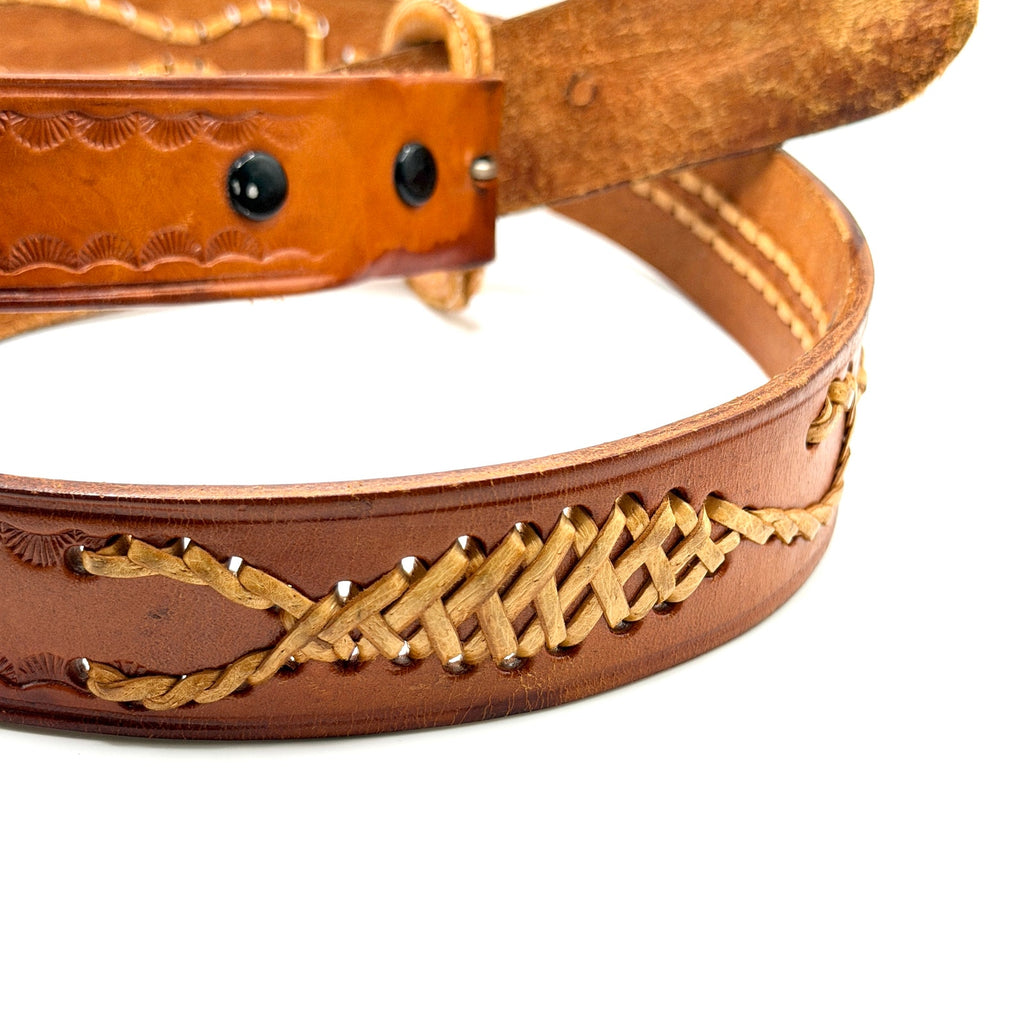 Vintage 70s Western Genuine Leather Artisan Tooled Whipstitch Unisex Waist Belt