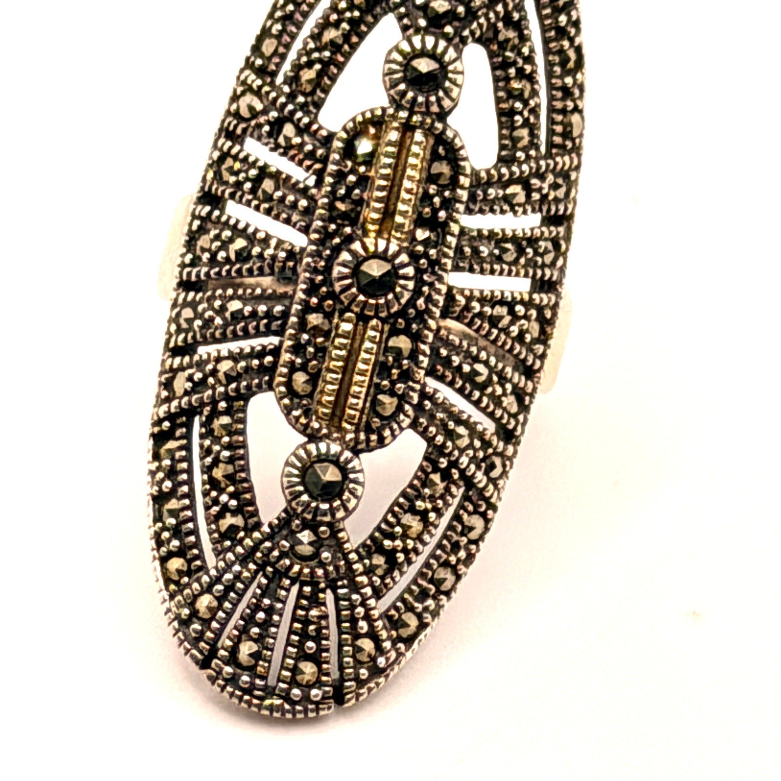 Vintage 90s NF Silver 14K Gold Marcasite Art Deco Elongated Shield Ring