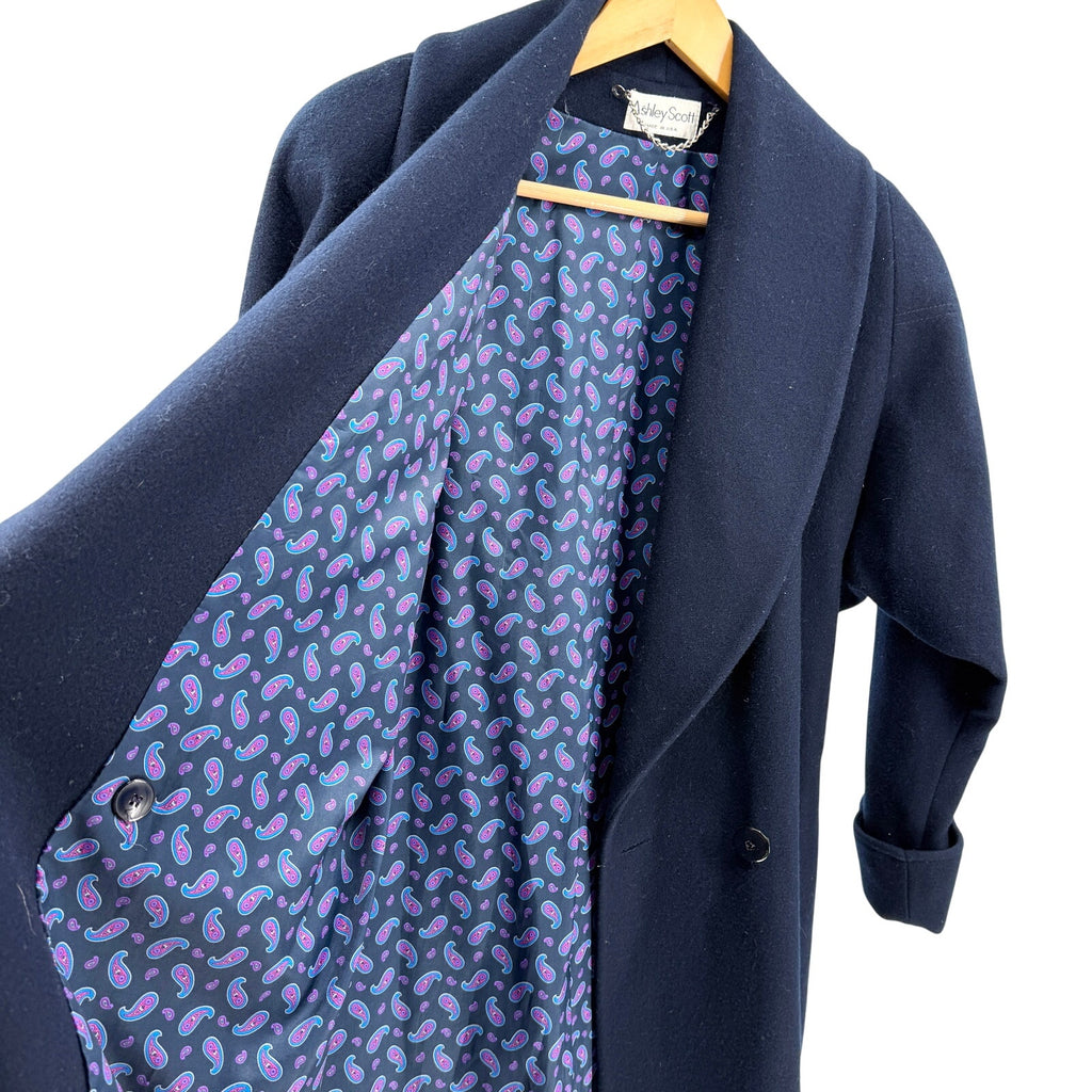 Vintage 80s Ashley Scott Navy Blue 100% Wool Shawl Collar Long Coat
