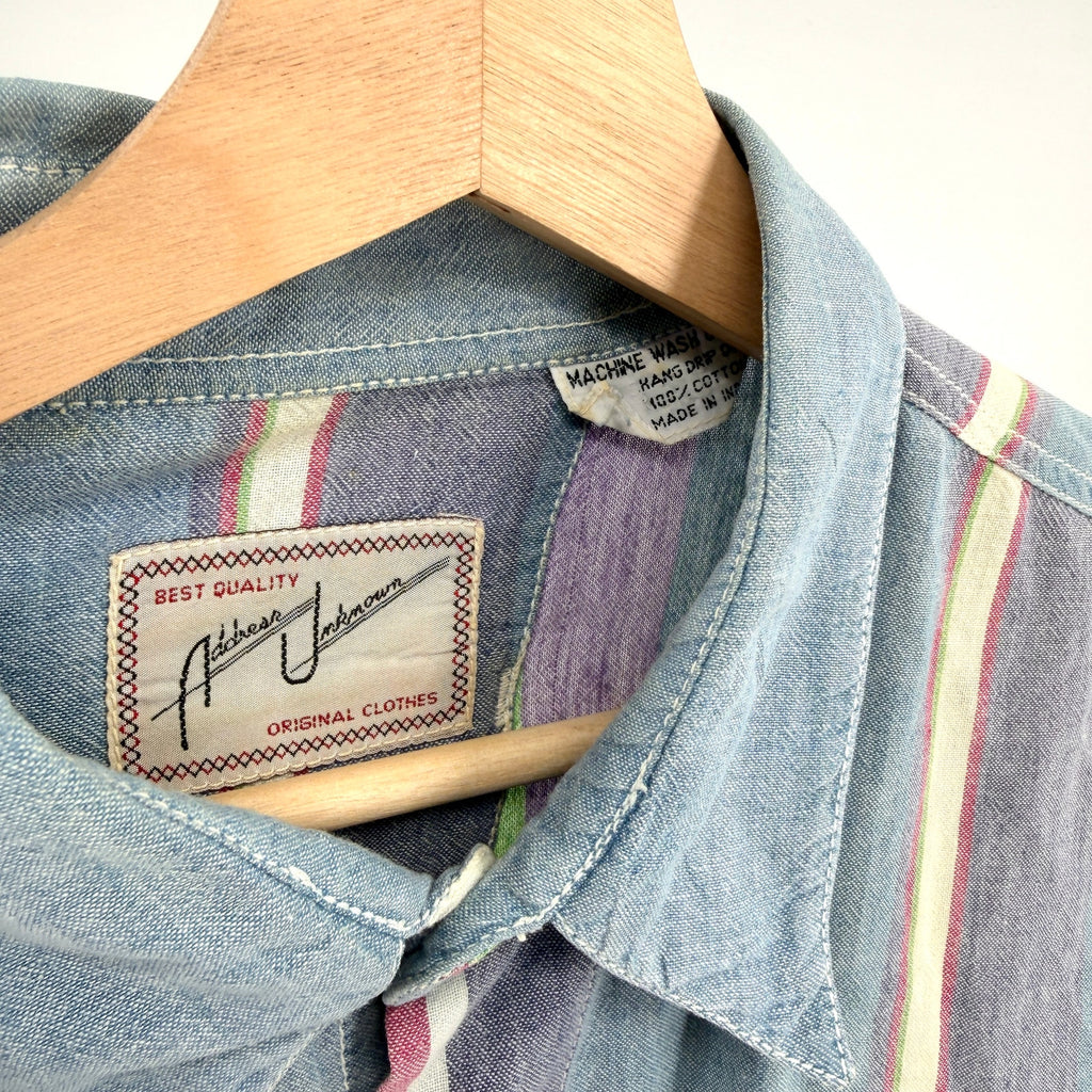 Vintage 90s Address Unknown Blue 100% Cotton Striped Button Down Shirt