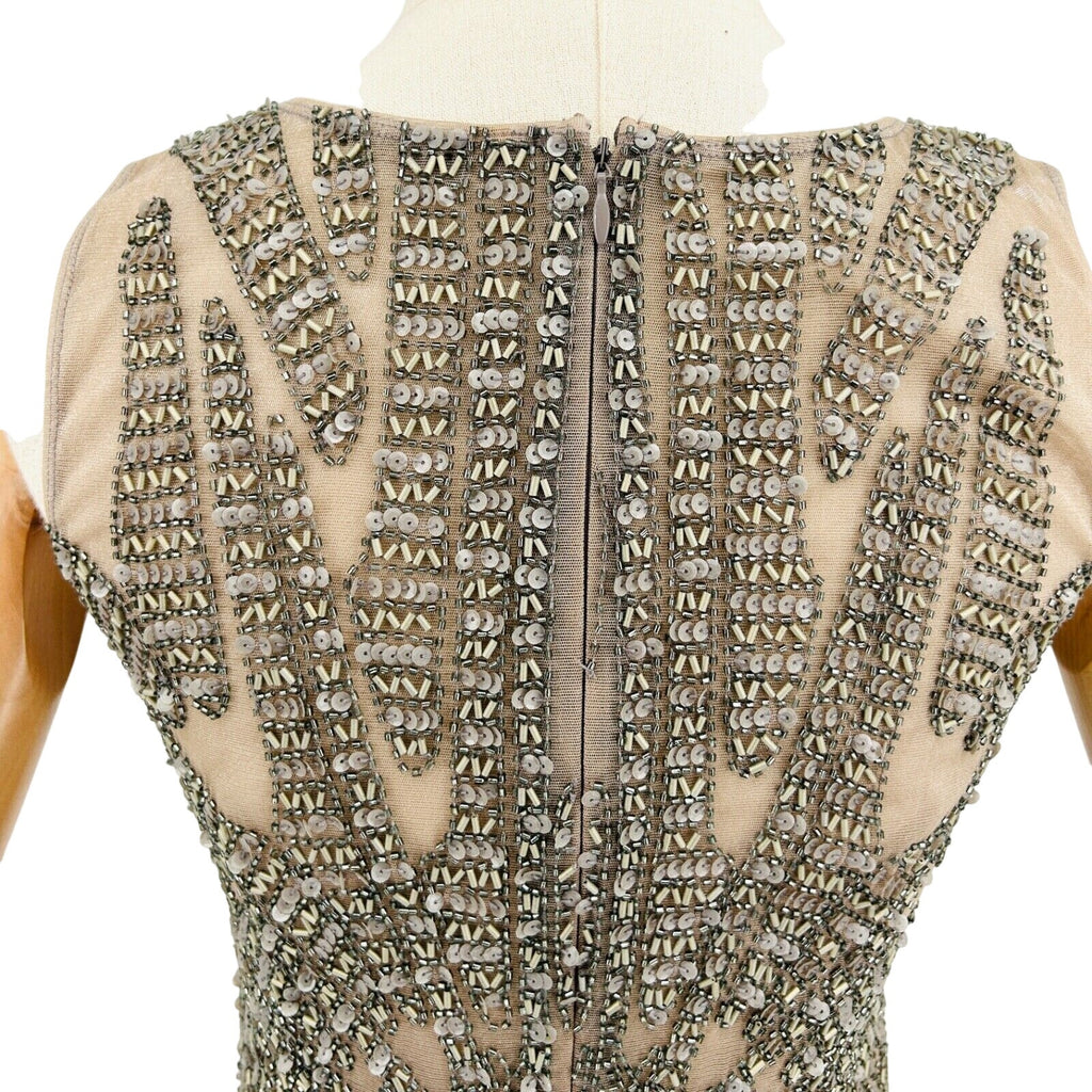 Vintage Y2K Farah Khan Beige Silver Beaded Sequin Bodycon Cocktail Dress