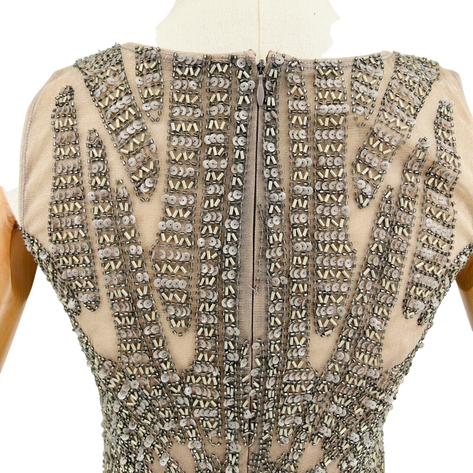 Vintage Y2K Farah Khan Beige Silver Beaded Sequin Bodycon Cocktail Dress