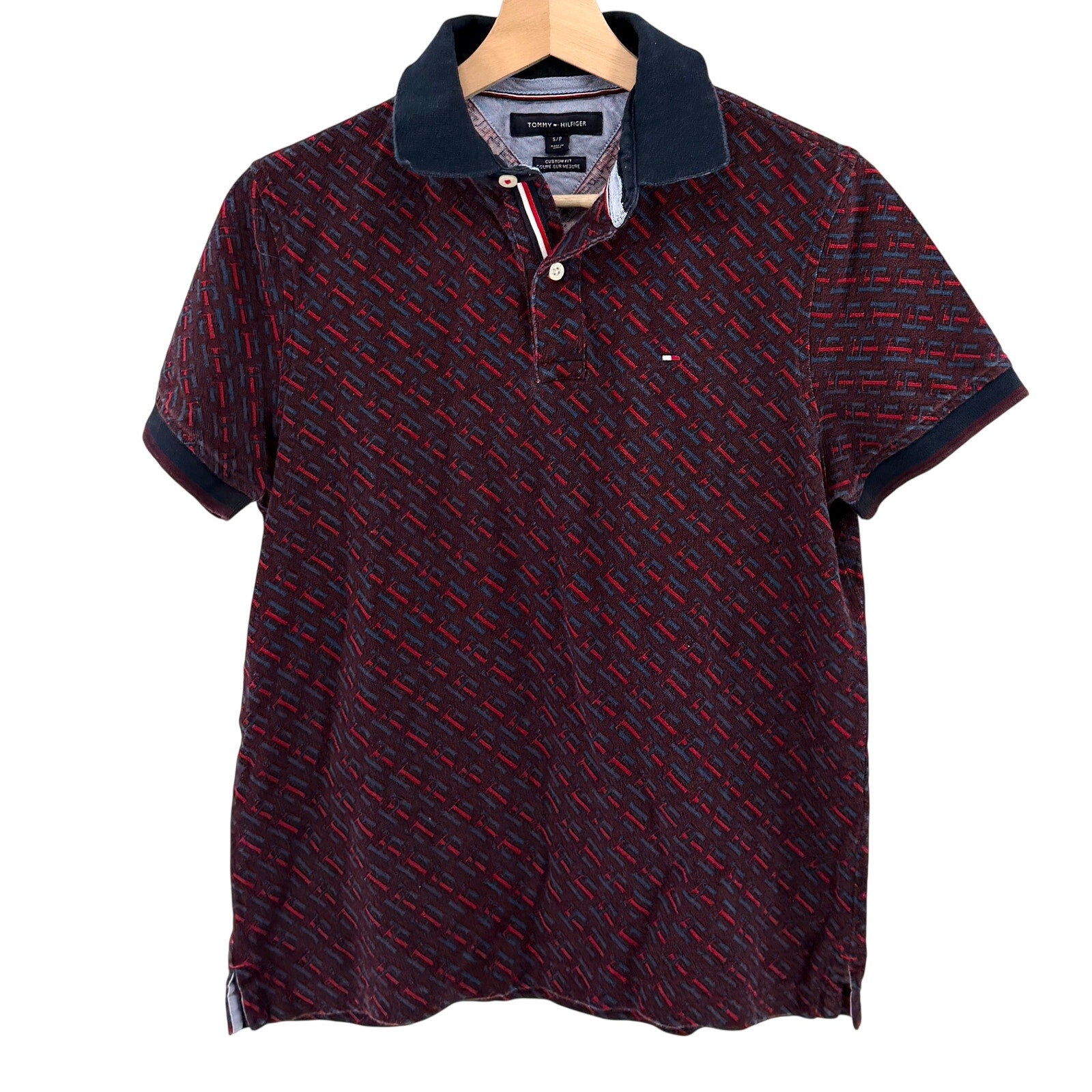 Tommy Hilfiger Maroon All Over Print 100% Cotton Logo Polo Shirt