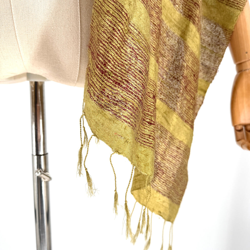 Olive Green Red Striped 100% Raw Silk Fringed Artisan Scarf Wrap