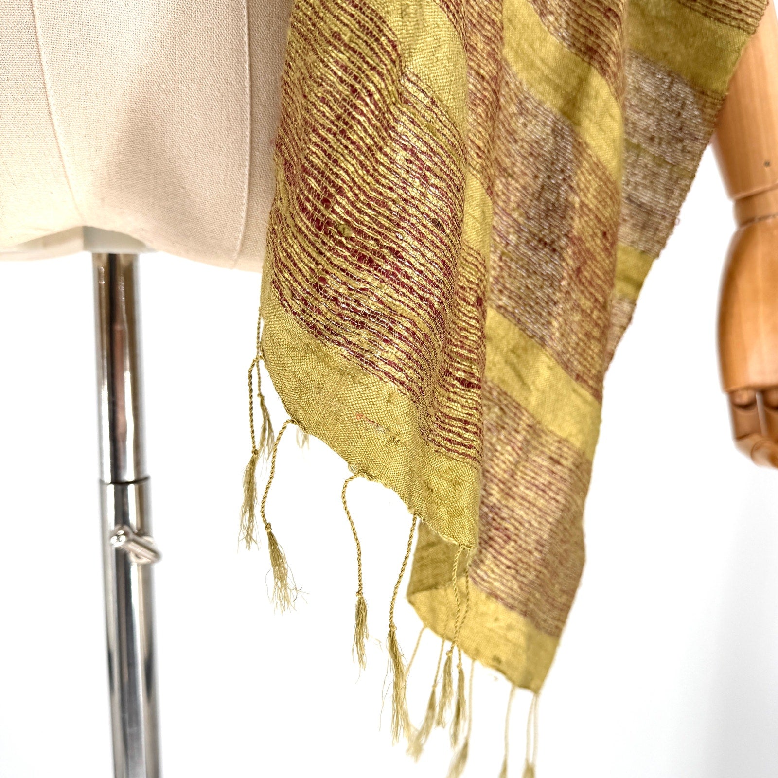 Olive Green Red Striped 100% Raw Silk Fringed Artisan Scarf Wrap