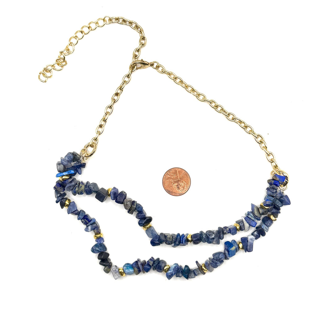 Vintage 90s Blue Sodalite Lapis Stone Chip Layered Double Strand Chain Necklace