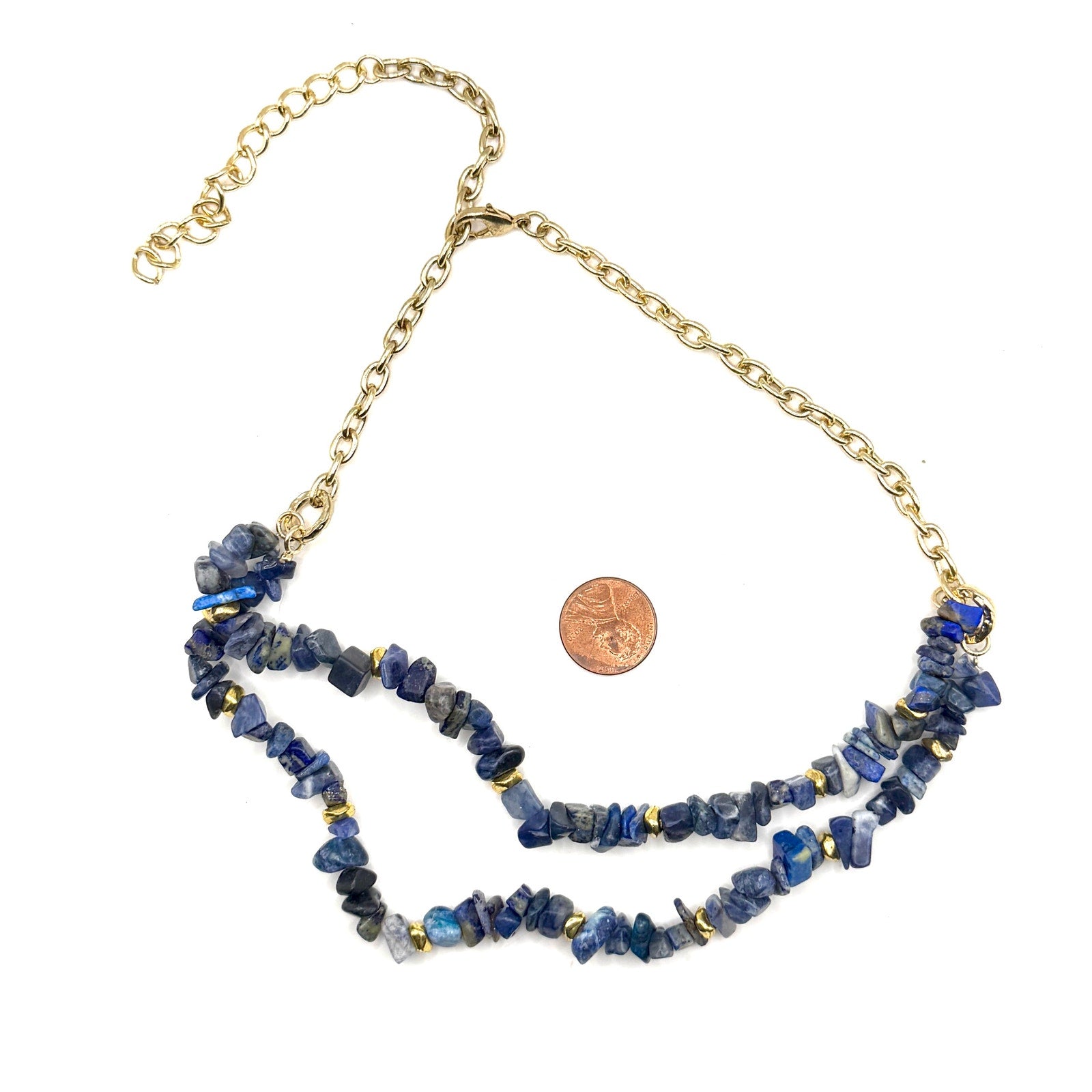 Vintage 90s Blue Sodalite Lapis Stone Chip Layered Double Strand Chain Necklace