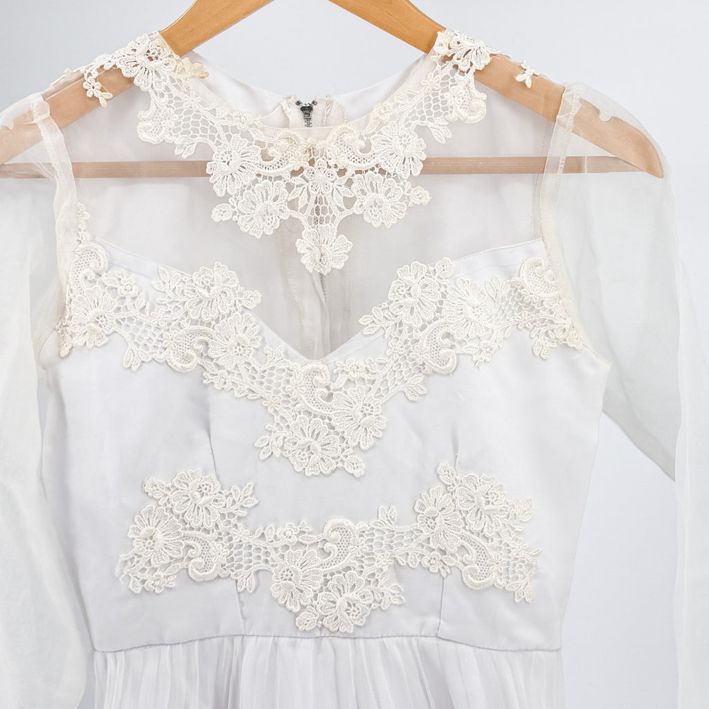 Vintage 70s Handmade White Lace Chiffon Prairie High Neck Wedding Dress Train