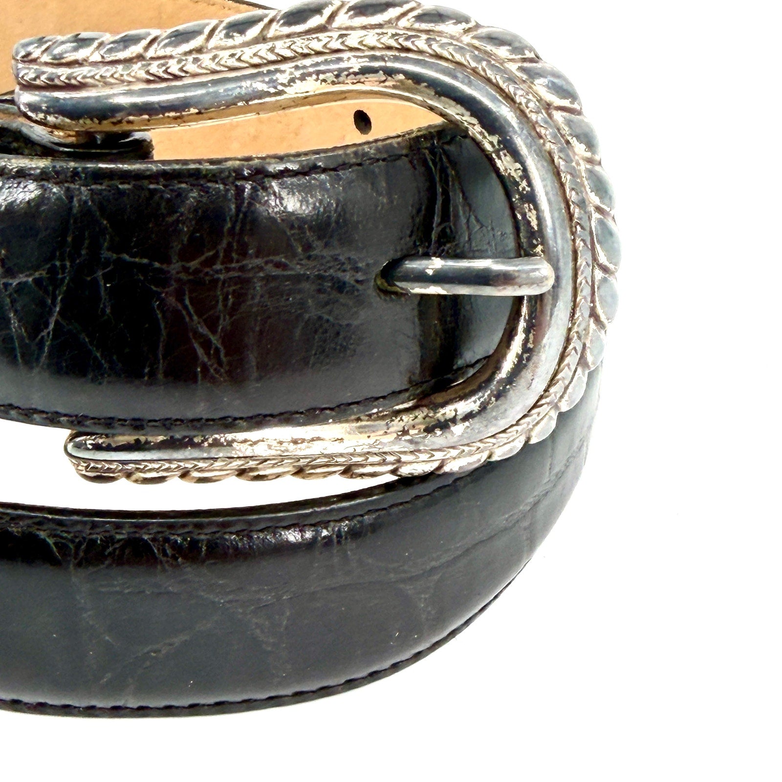 Vintage 90s Brighton Black Genuine Leather Croc Embossed Western Belt