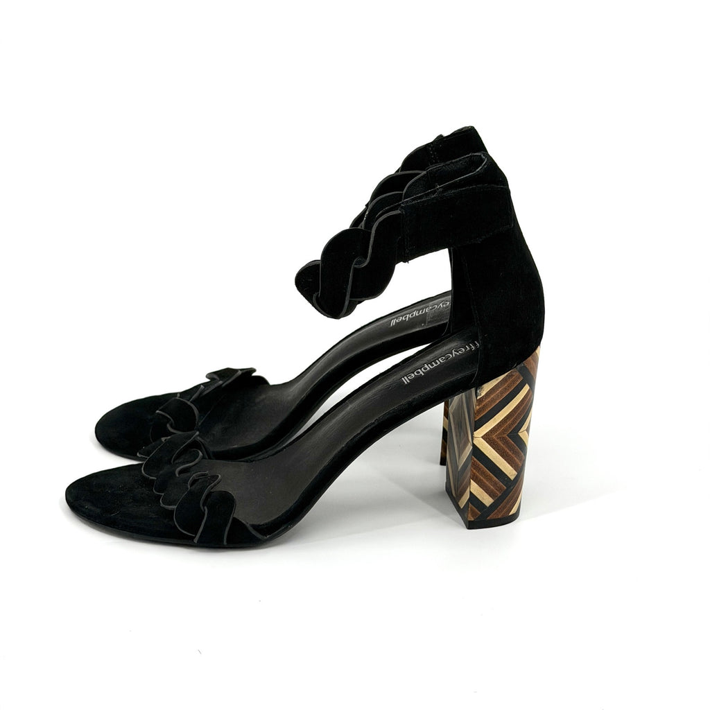 Jeffrey Campbell Black Suede Wood Inlay Geometric Block Heel Lindsay Sandals