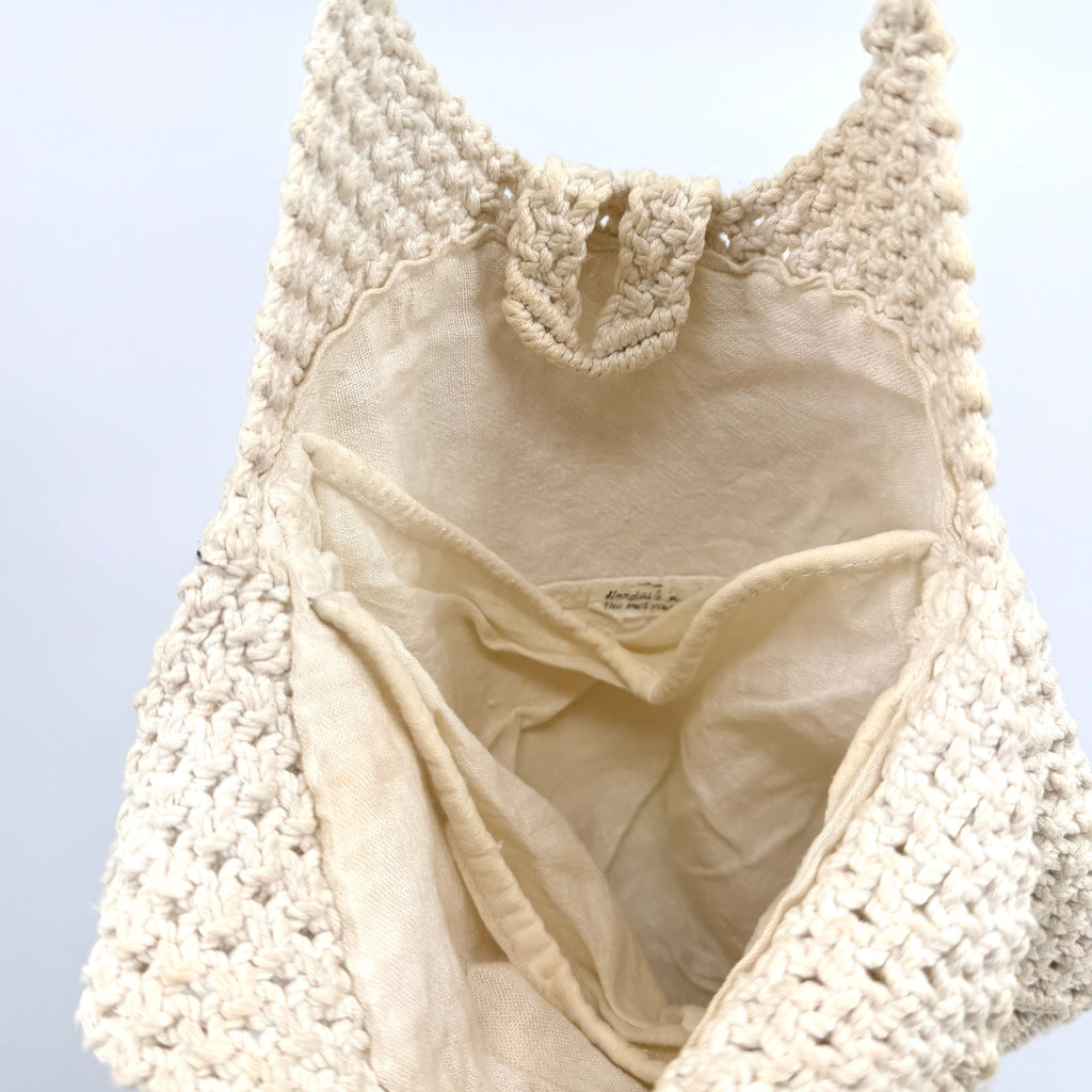 Vintage 80s Handcrafted Philippines Cream Macramé Wooden Button Handbag
