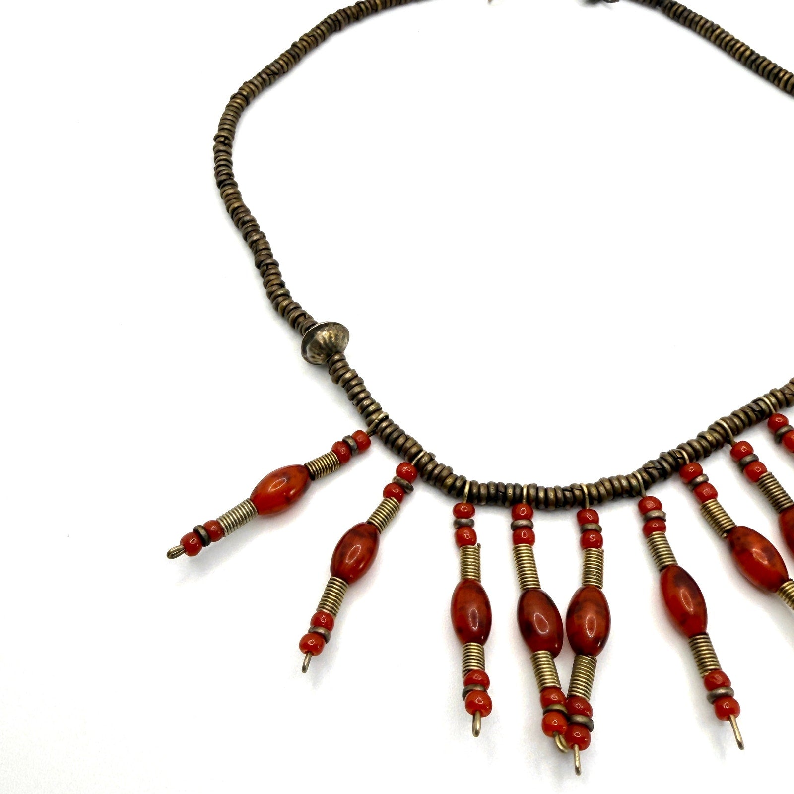 Vintage Afrobohemian Brass Orange Glass Fringed Tribal Drop Necklace