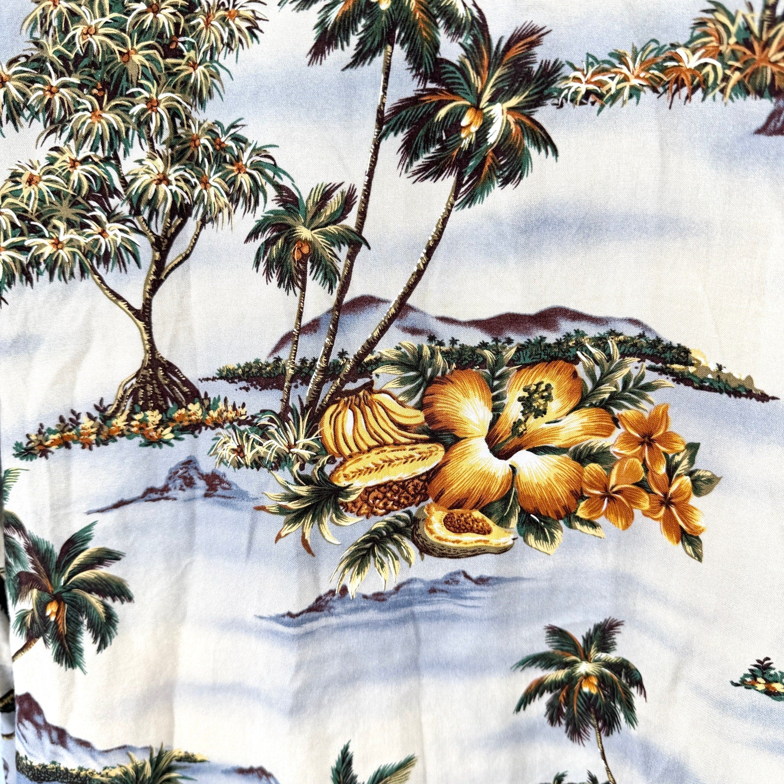 Vintage 90s Pierre Cardin Tan Rayon Hawaiian Scenic Shirt