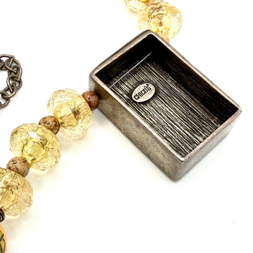 Vintage 90s Chico's Yellow Amber Chinoiserie Geisha Necklace Earring Set