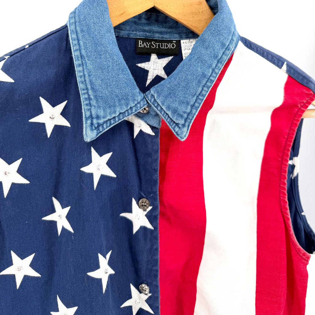 Vintage 90s Bay Studio American Flag 100% Cotton Twill Sequin Shirt
