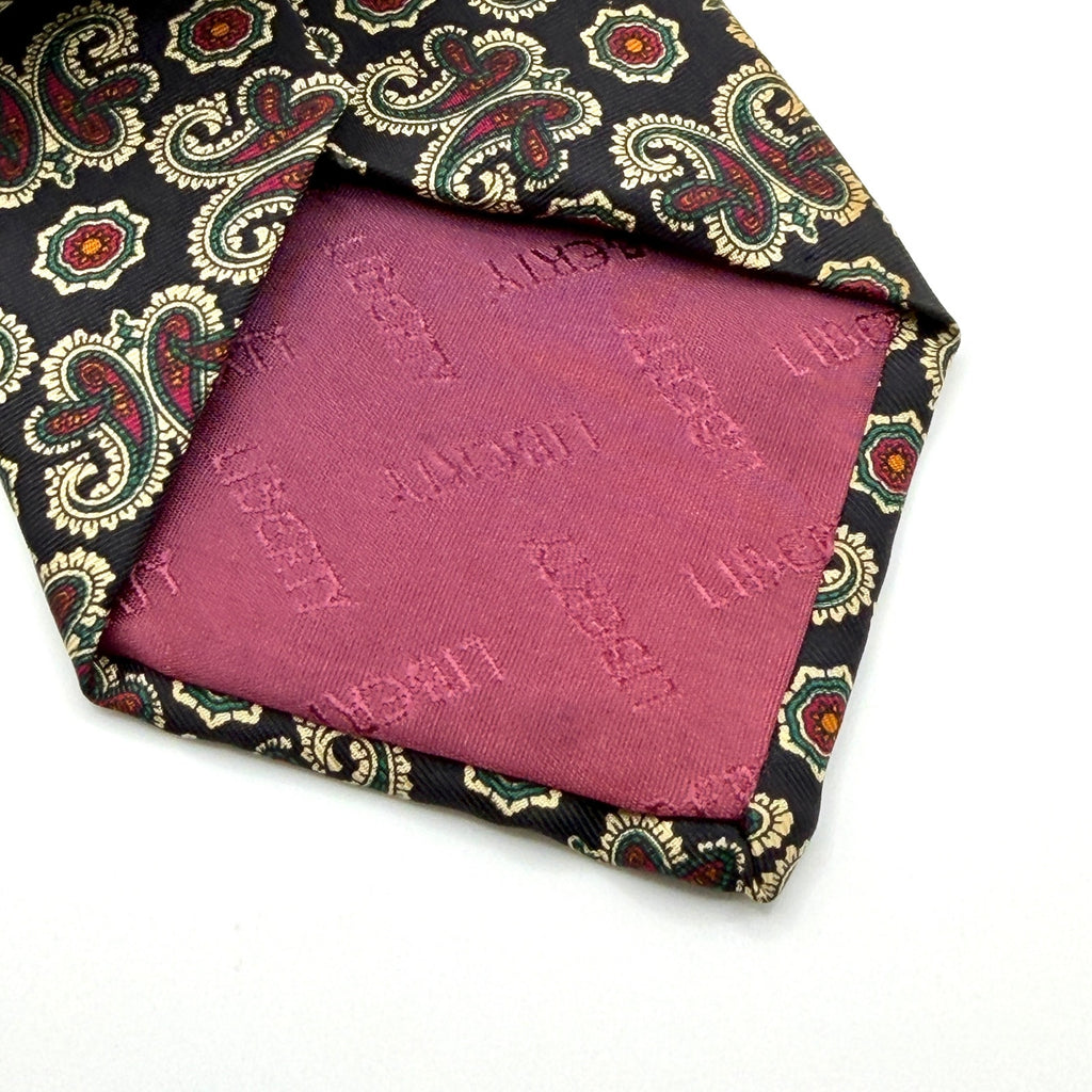 Vintage 90s Liberty of London Black Red Green 100% Silk Paisley Regal Tie
