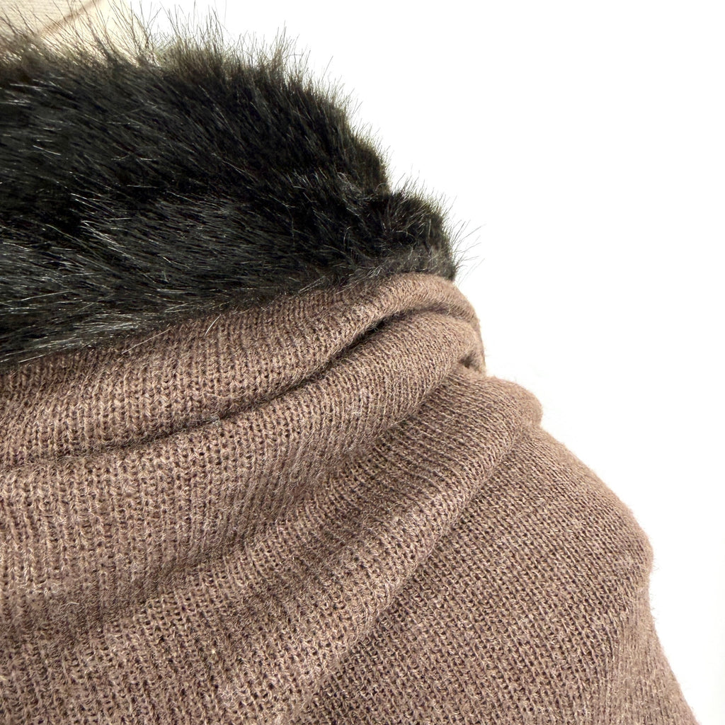 Vintage Y2K Brown Faux Fur Trim Elegant Layering Cape Ruana Wrap