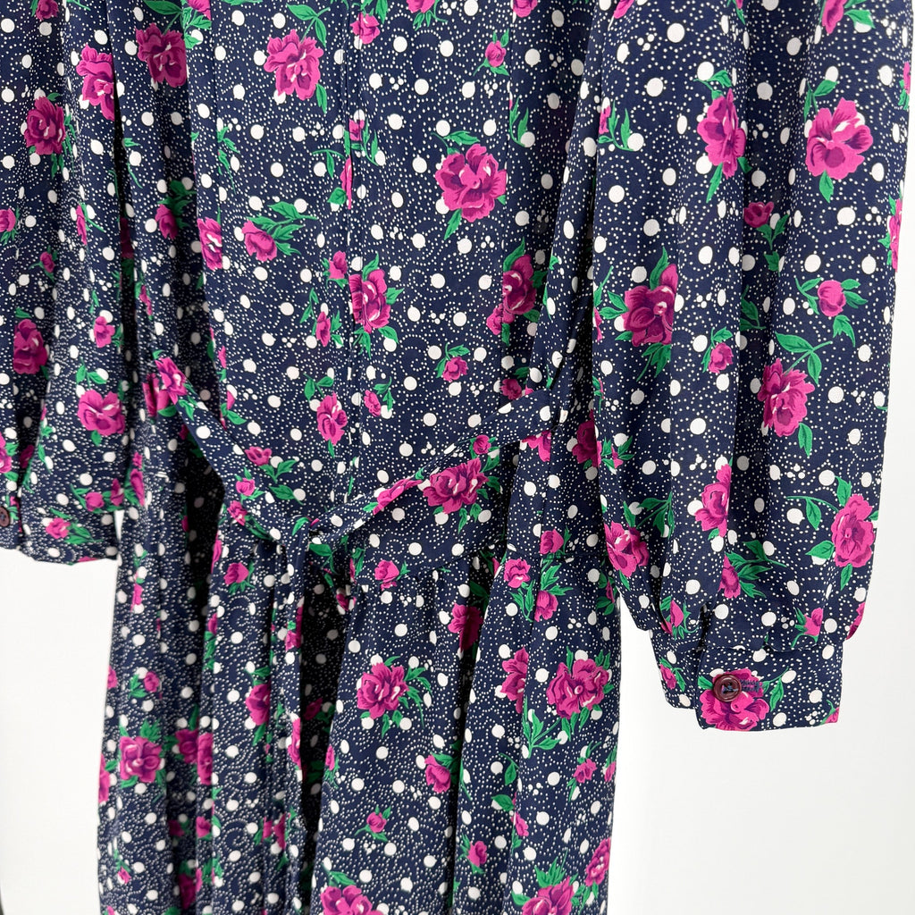 Vintage 80s Blue Floral Polka Dot Sweetheart Dropped Waist Sailboat Collar Dress