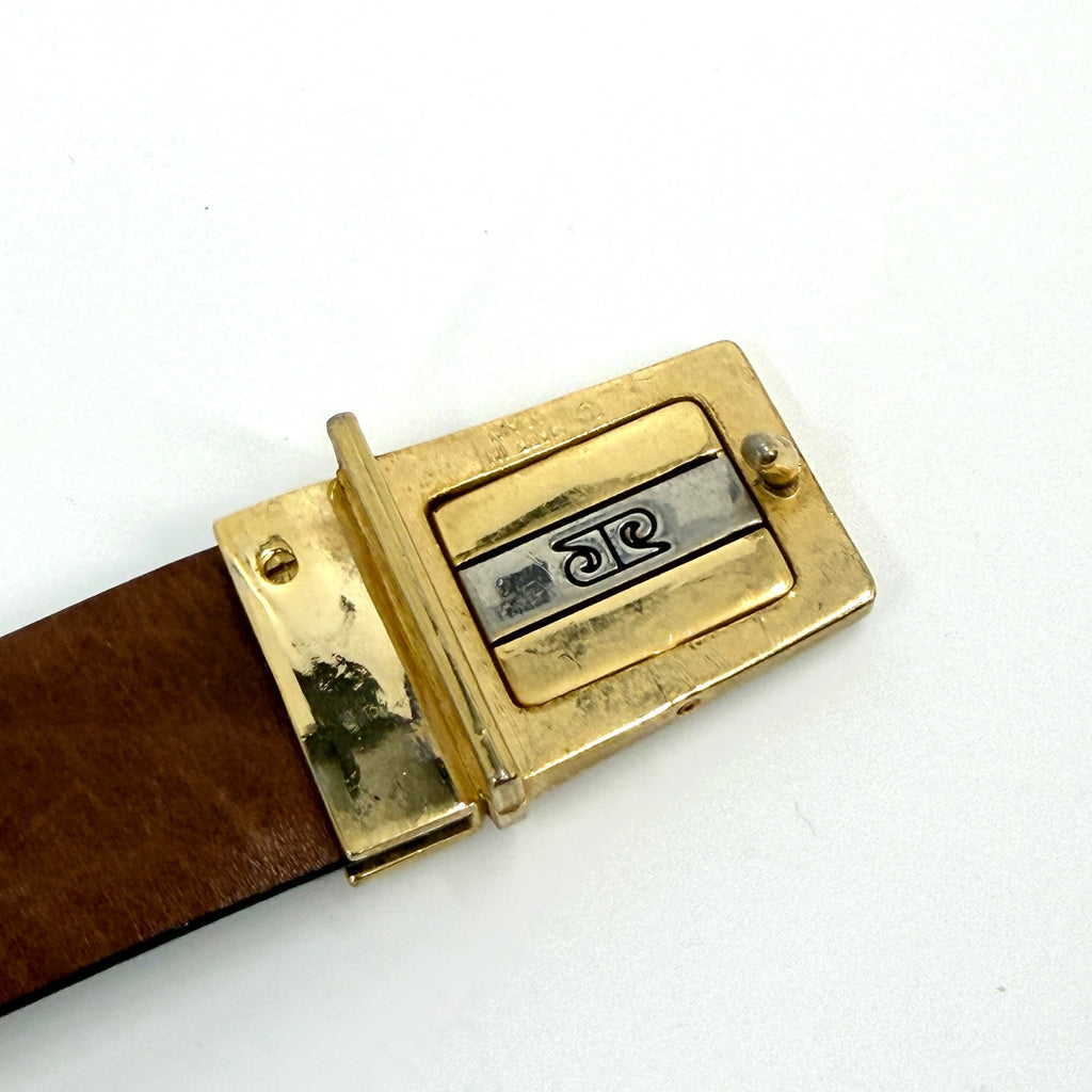 Vintage 80s Pierre Cardin Black Genuine Leather Gold Enamel Buckle Belt