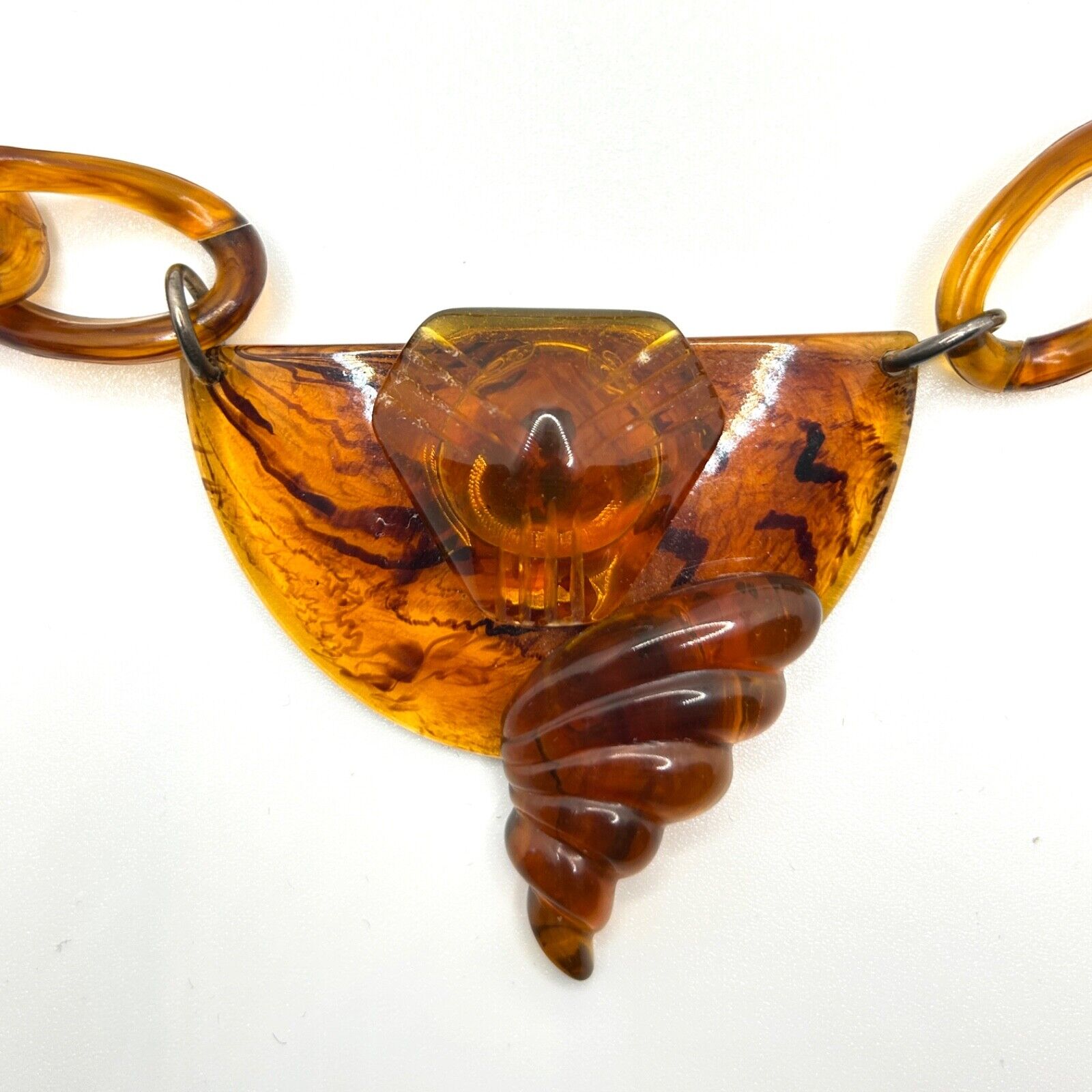 Vintage Art Deco Bakelite Amber-Colored Chain Necklace Bold Abstract Pendant