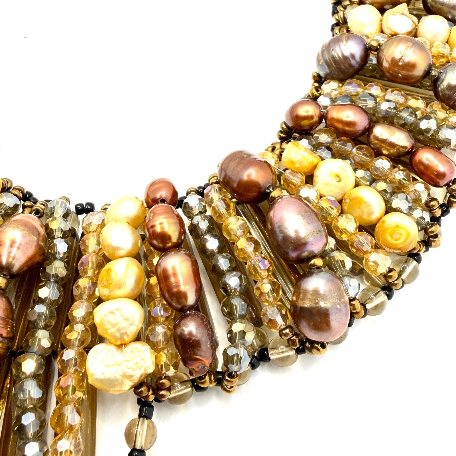 Vintage 90s Multi-Strand Genuine Pearl Glass Bib Statement Necklace