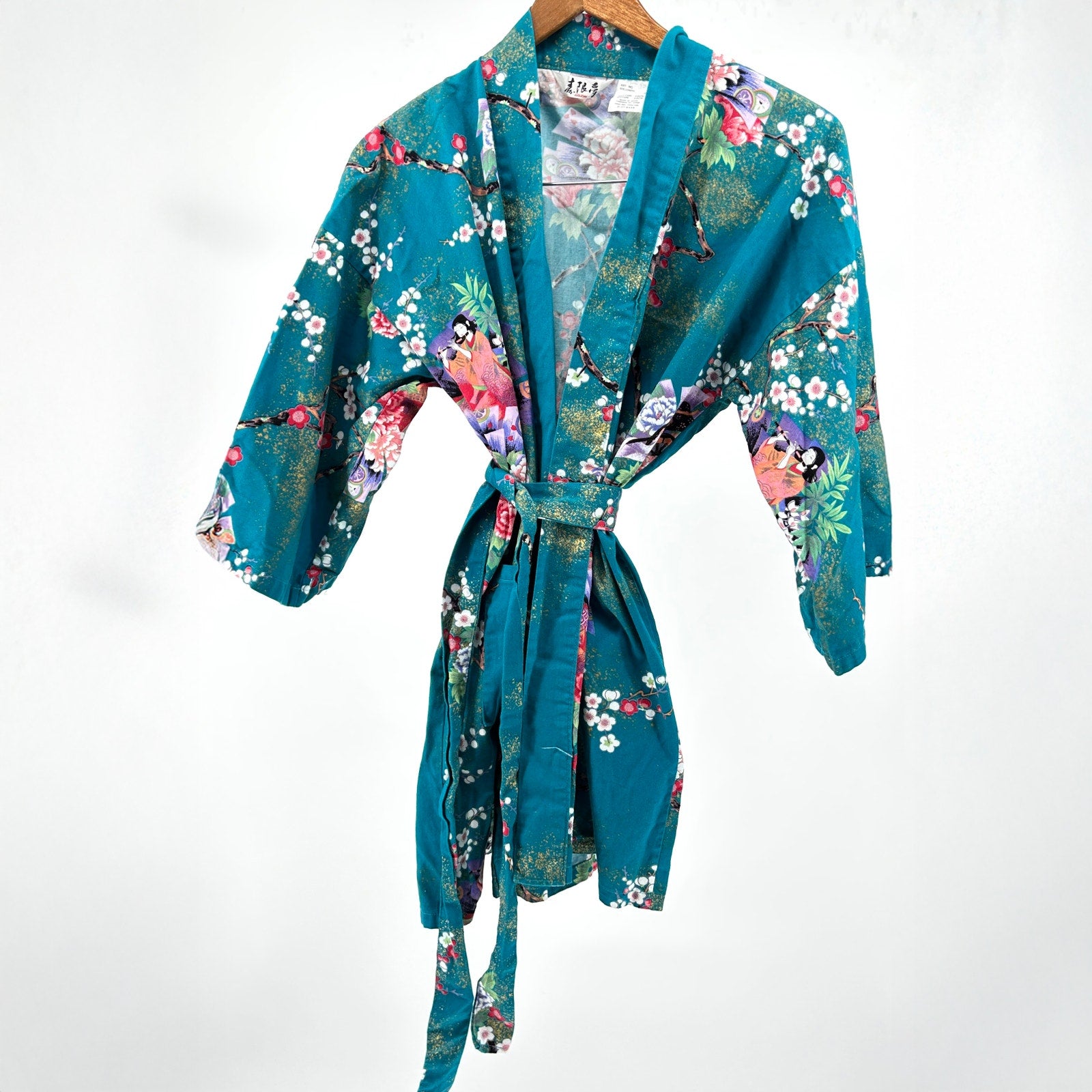Vintage y2k Japanese Teal 100% Cotton Twill Child’s Kimono