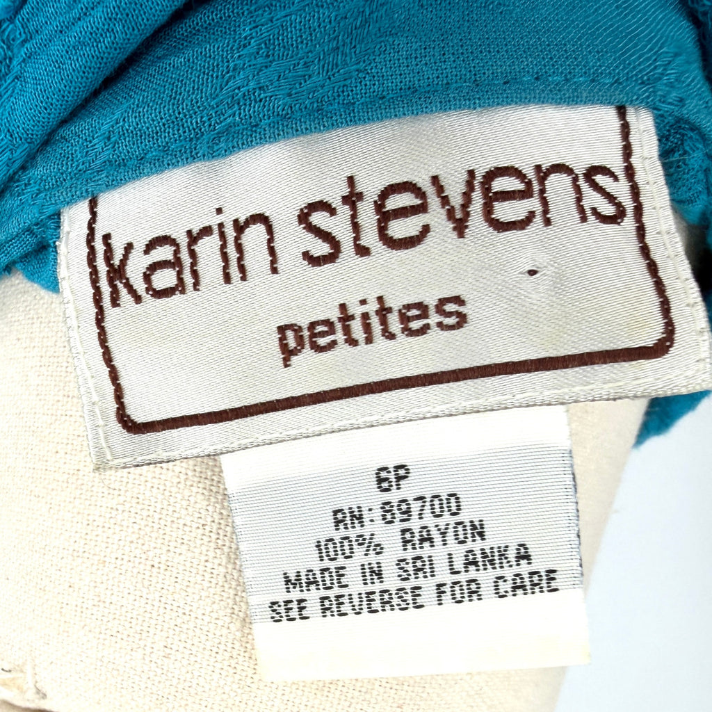 Vintage 90s Karin Stevens Teal Rayon Crinkle Lace Open Back Top