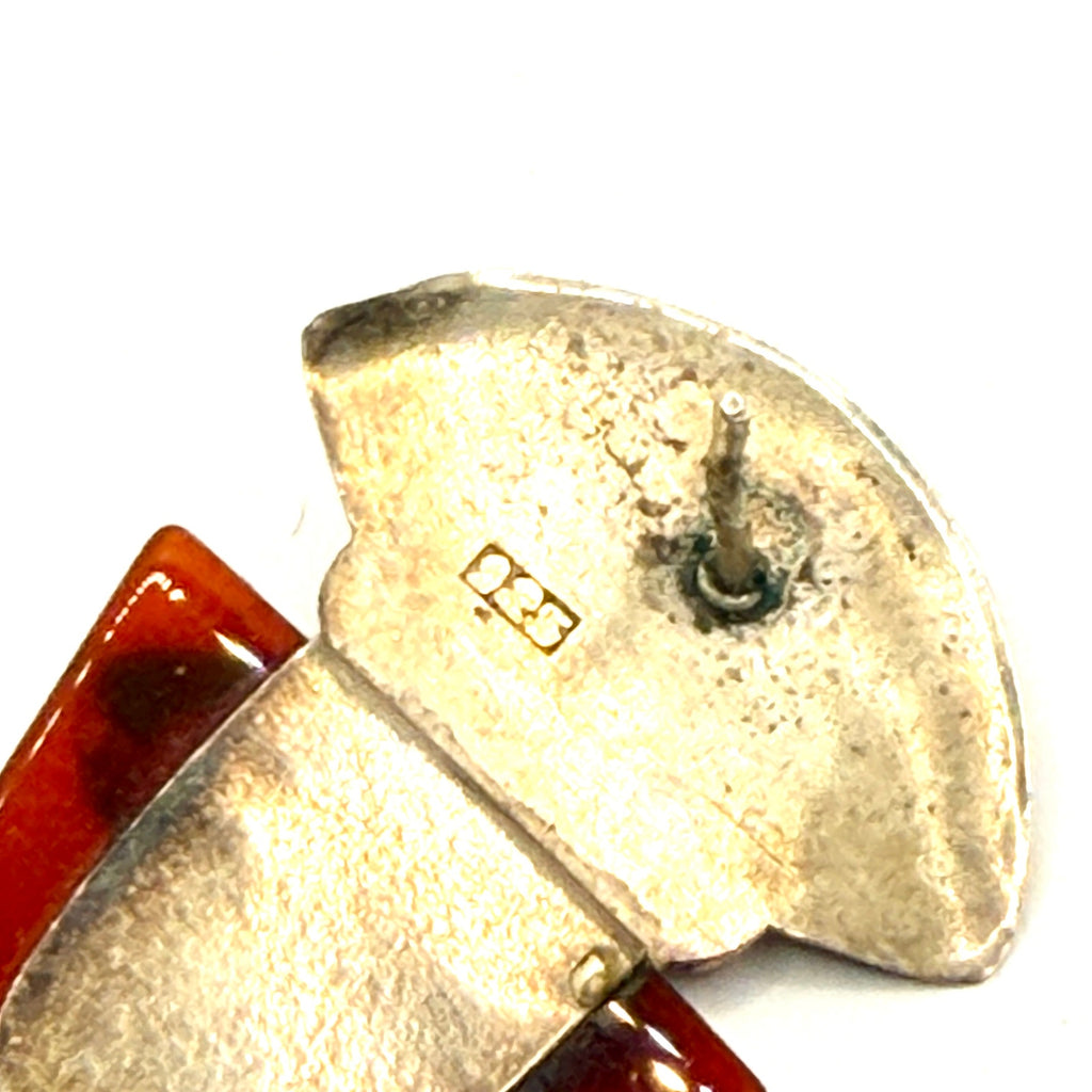 Vintage 90s Amber Resin Sterling Silver Carnelian Art Deco Revival Stud Earrings