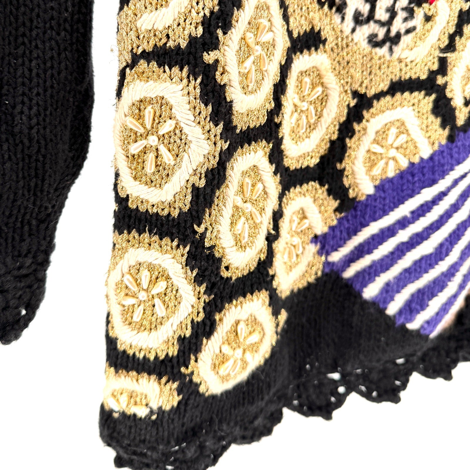 Vintage 90s Casual Corner Black Asian Floral Fan Graphic Beaded Sweater