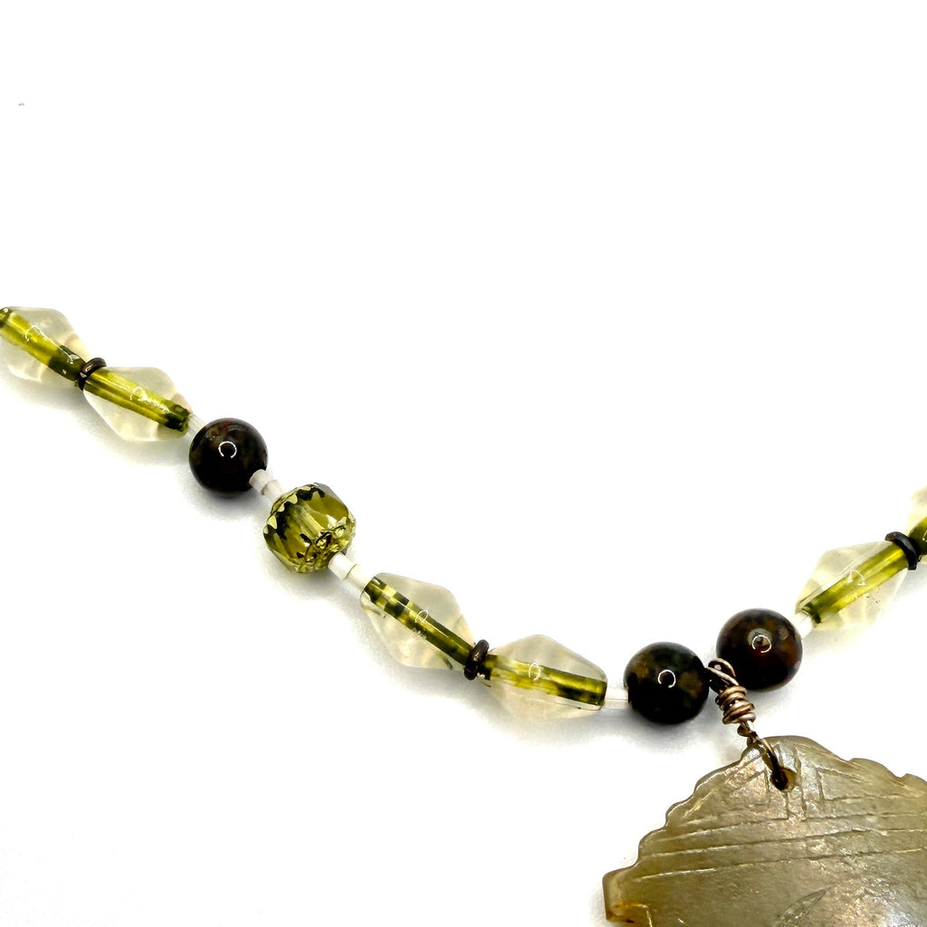 Vintage 90s Chinese Carved Jade Bird Bamboo Etched Calligraphy Pendant Necklace