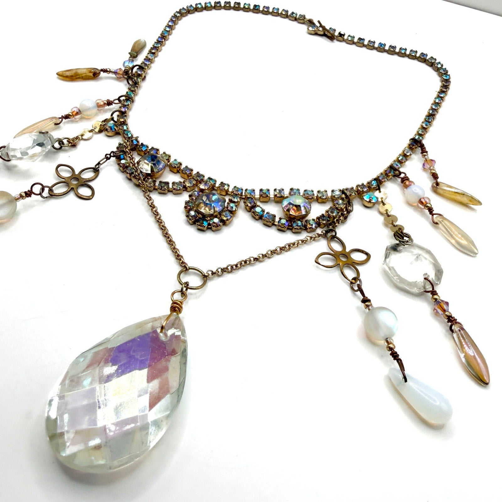 Vintage 70s Multi Gold Rhinestone Glass Bohemian Fringe Teardrop Bib Necklace