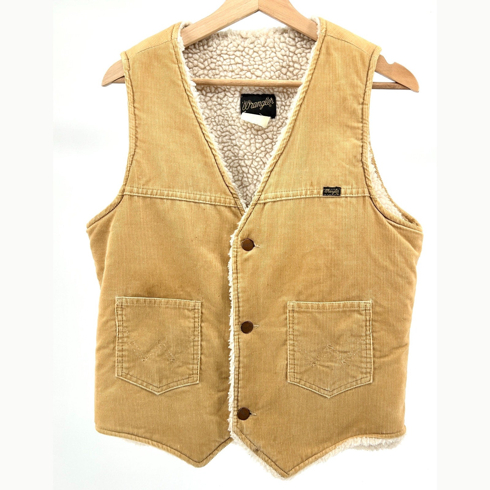 Vintage 80s Wrangler Tan Corduroy Faux Sherpa Lined Western Vest