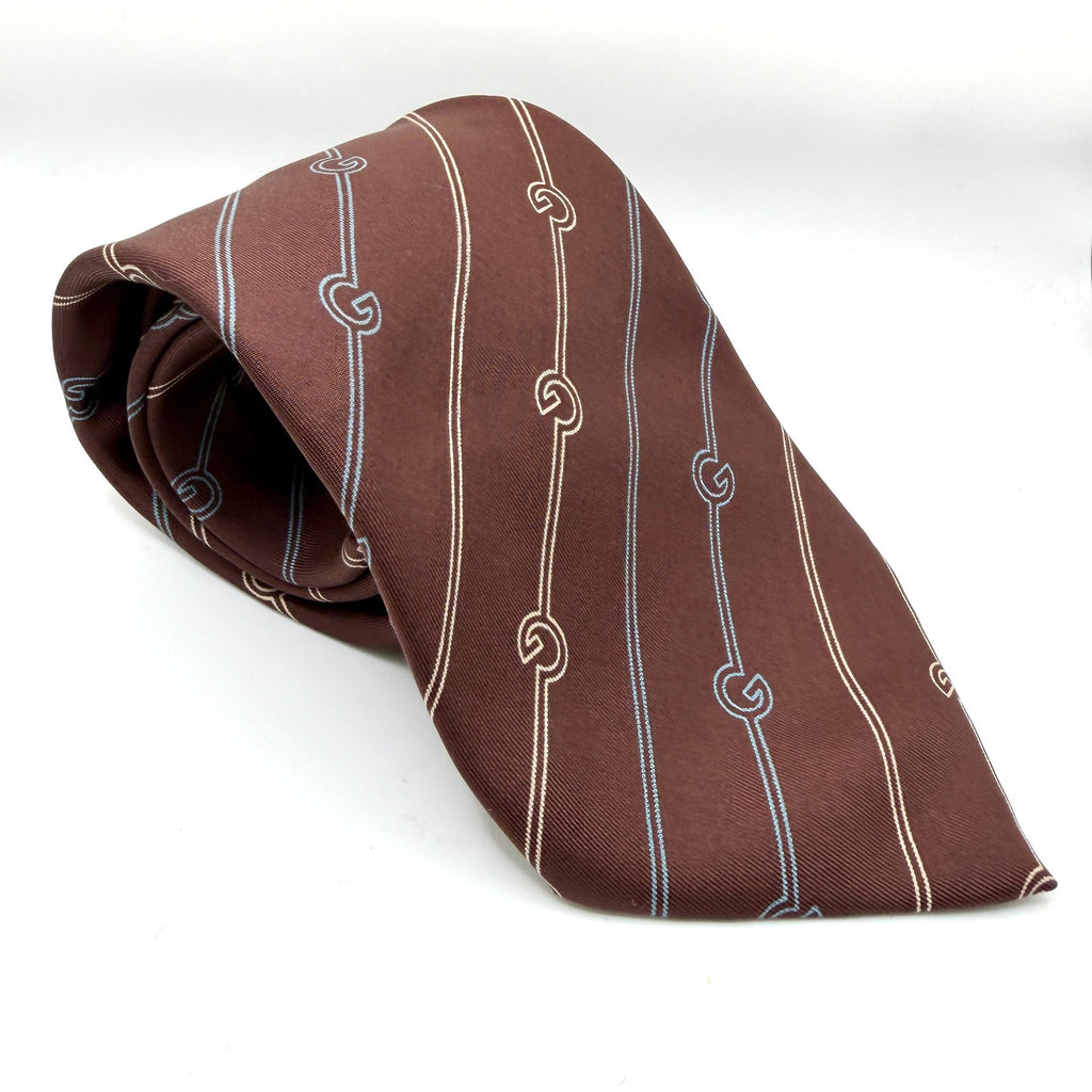 Vintage 80s Gucci Brown Silk GG Chain Link Print Necktie