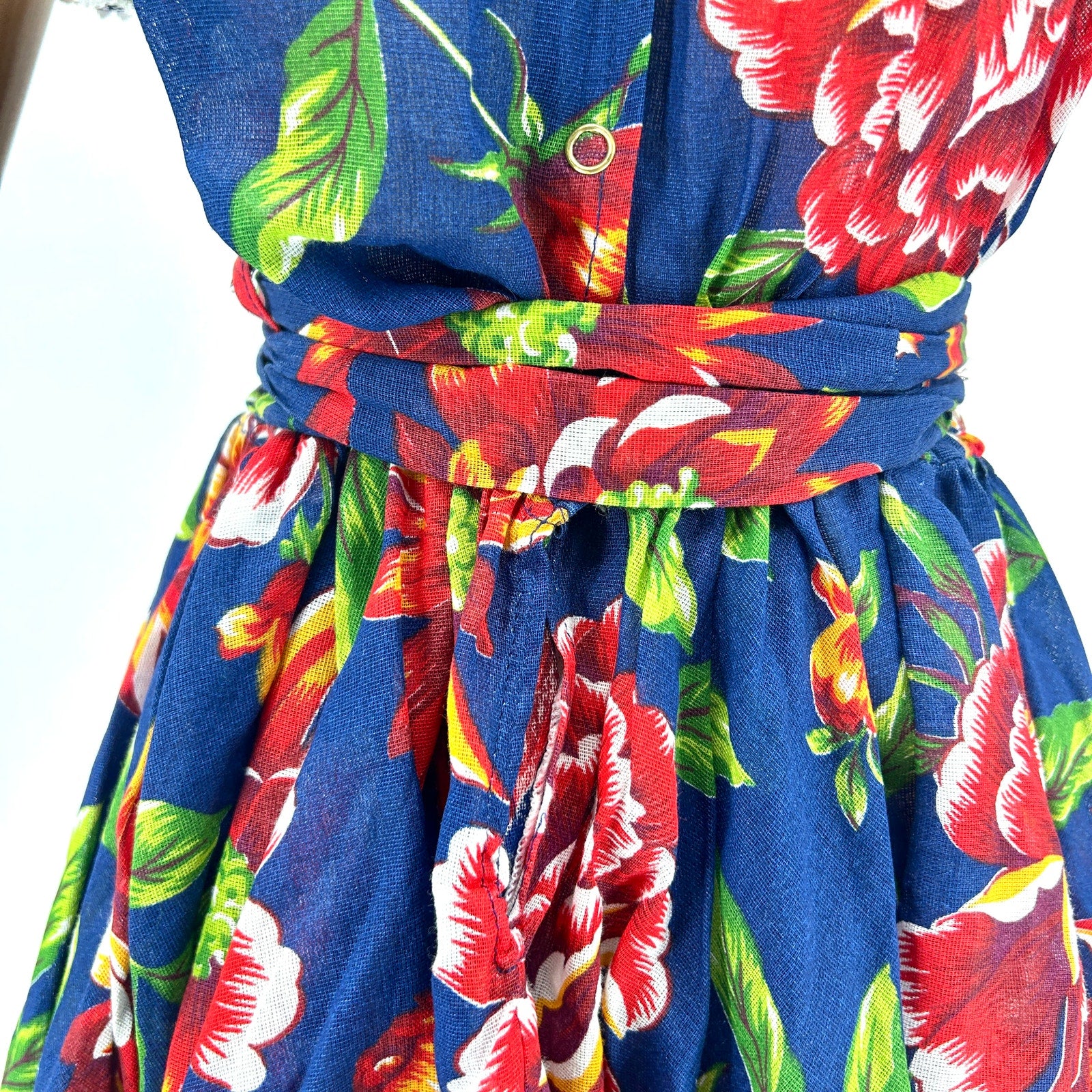 Vintage Navy Blue Floral Pin-Up Off-Shoulder Peasant Mini Dress