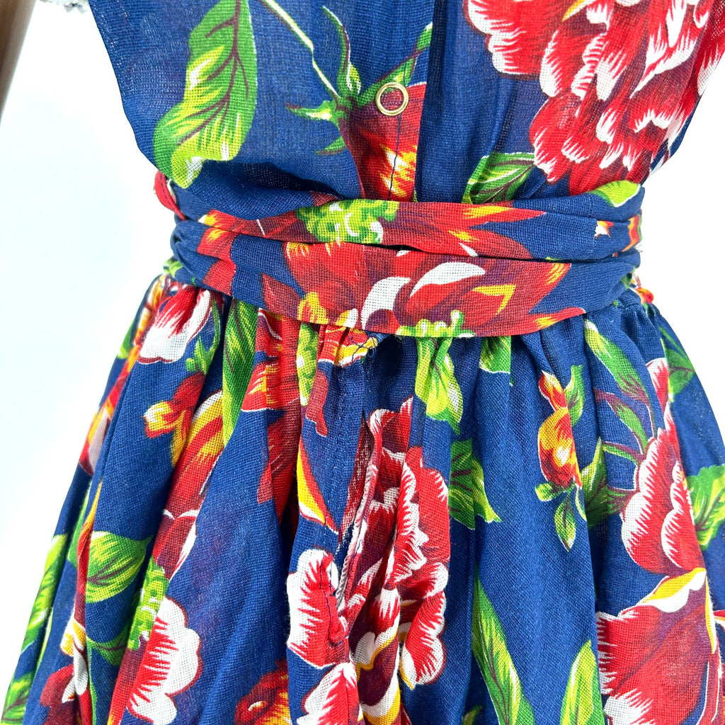 Vintage Navy Blue Floral Pin-Up Off-Shoulder Peasant Mini Dress