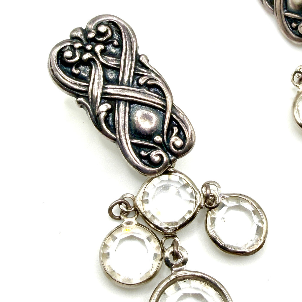 Vintage 90s Sterling Silver Clear Glass Stamped Chandelier Drop Earrings