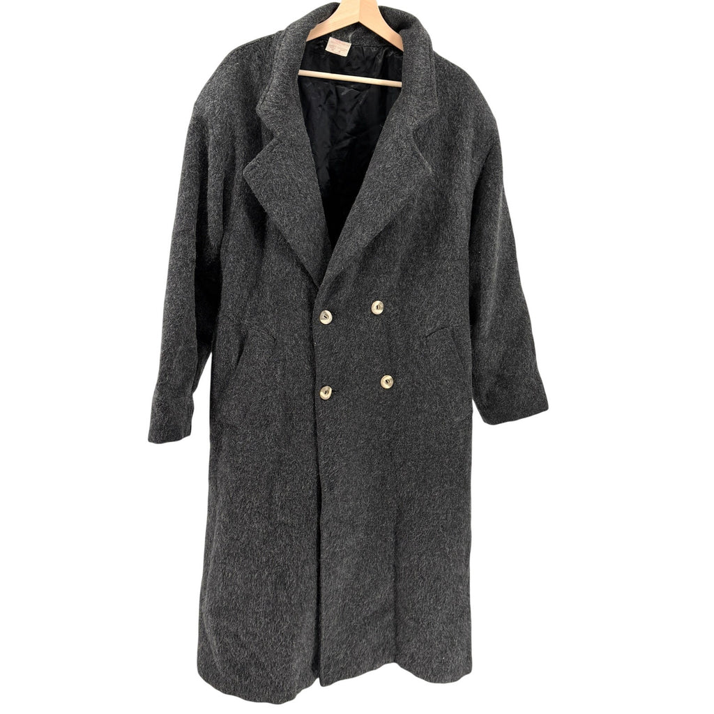 Vintage 80s Le Chateau Charcoal Gray Double Breasted Shoulder Pads Long Overcoat