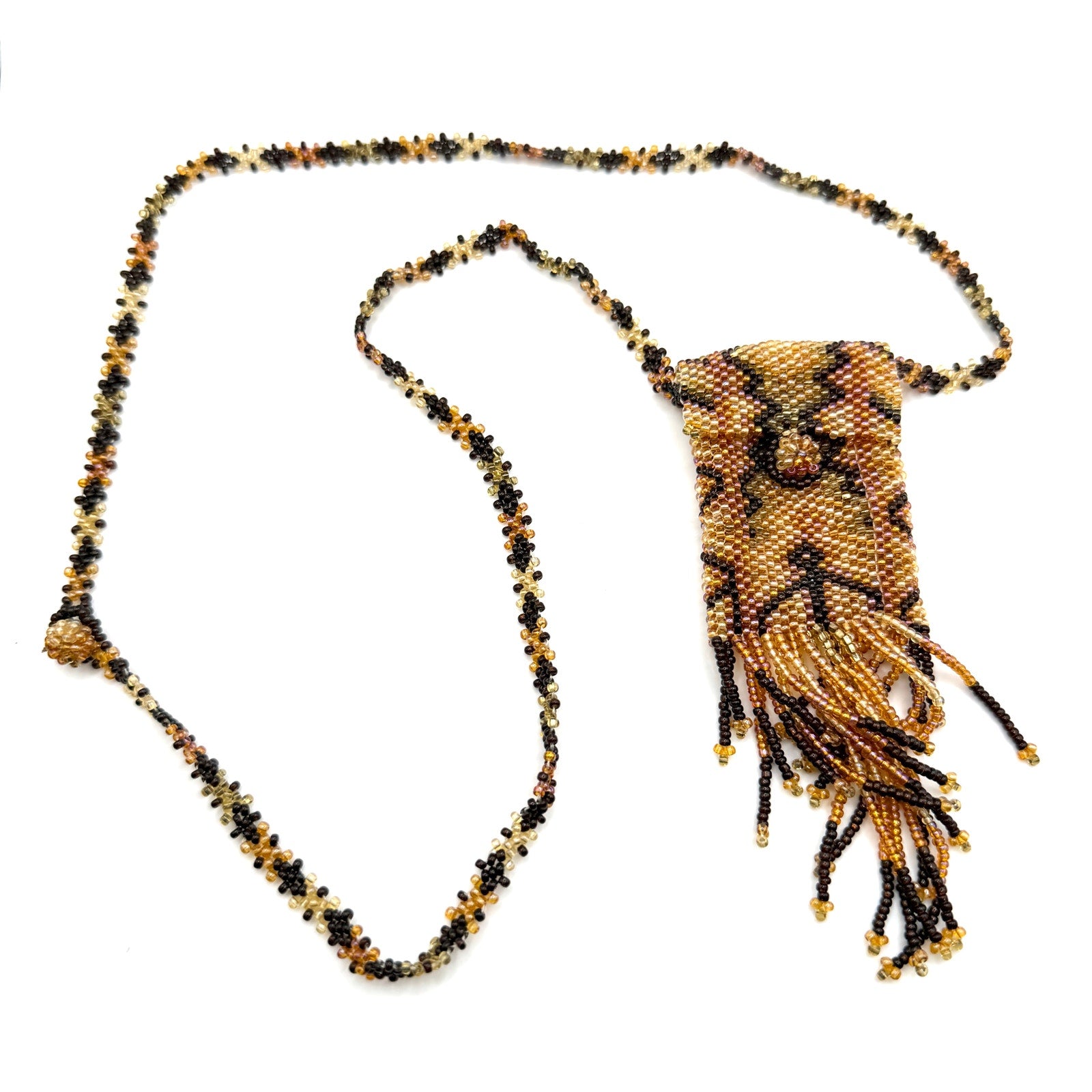 Vintage 90s Boho Bronze Gold Hand Beaded Glass Seed Bead Amulet Pouch Necklace