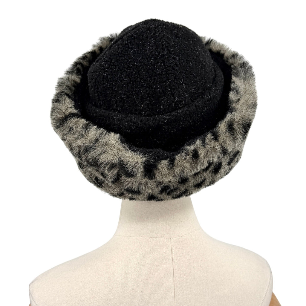 Vintage 90s Tasha Polizzi Gray Black Leopard Cozy Fleece Faux Fur Cossack Hat