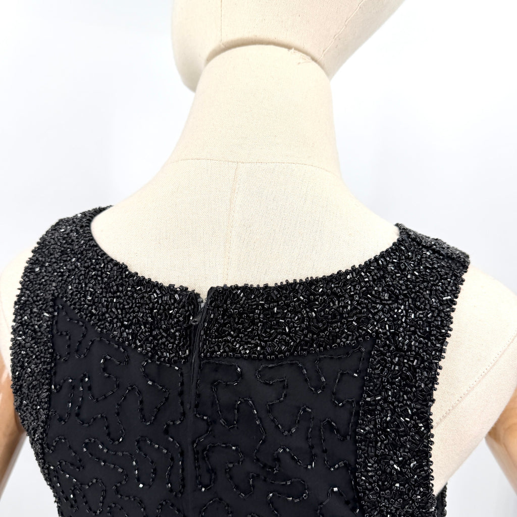 Vintage 90s Laurence Kazar Black 100% Silk Fully Beaded Cocktail Mini Dress