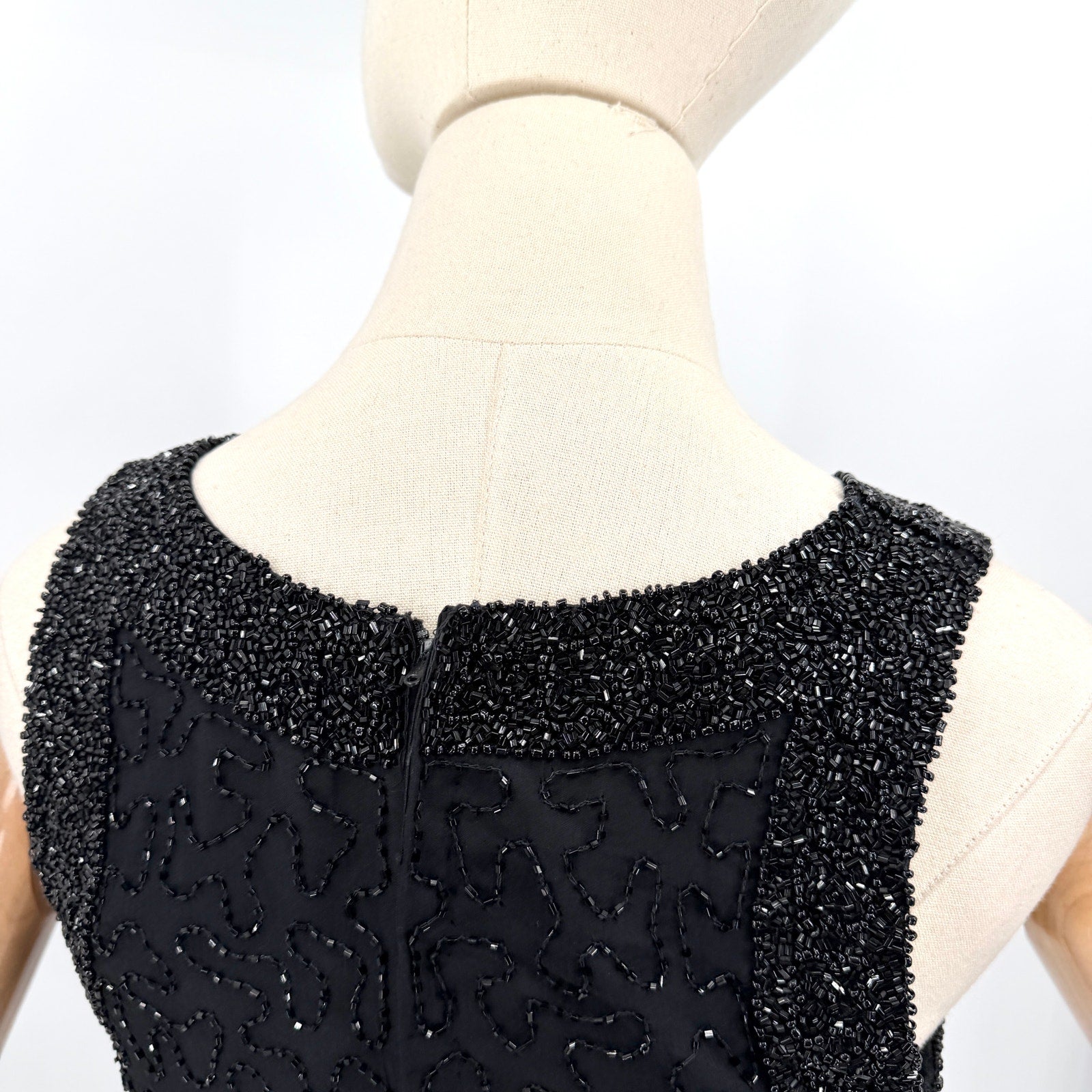 Vintage 90s Laurence Kazar Black 100% Silk Fully Beaded Cocktail Mini Dress