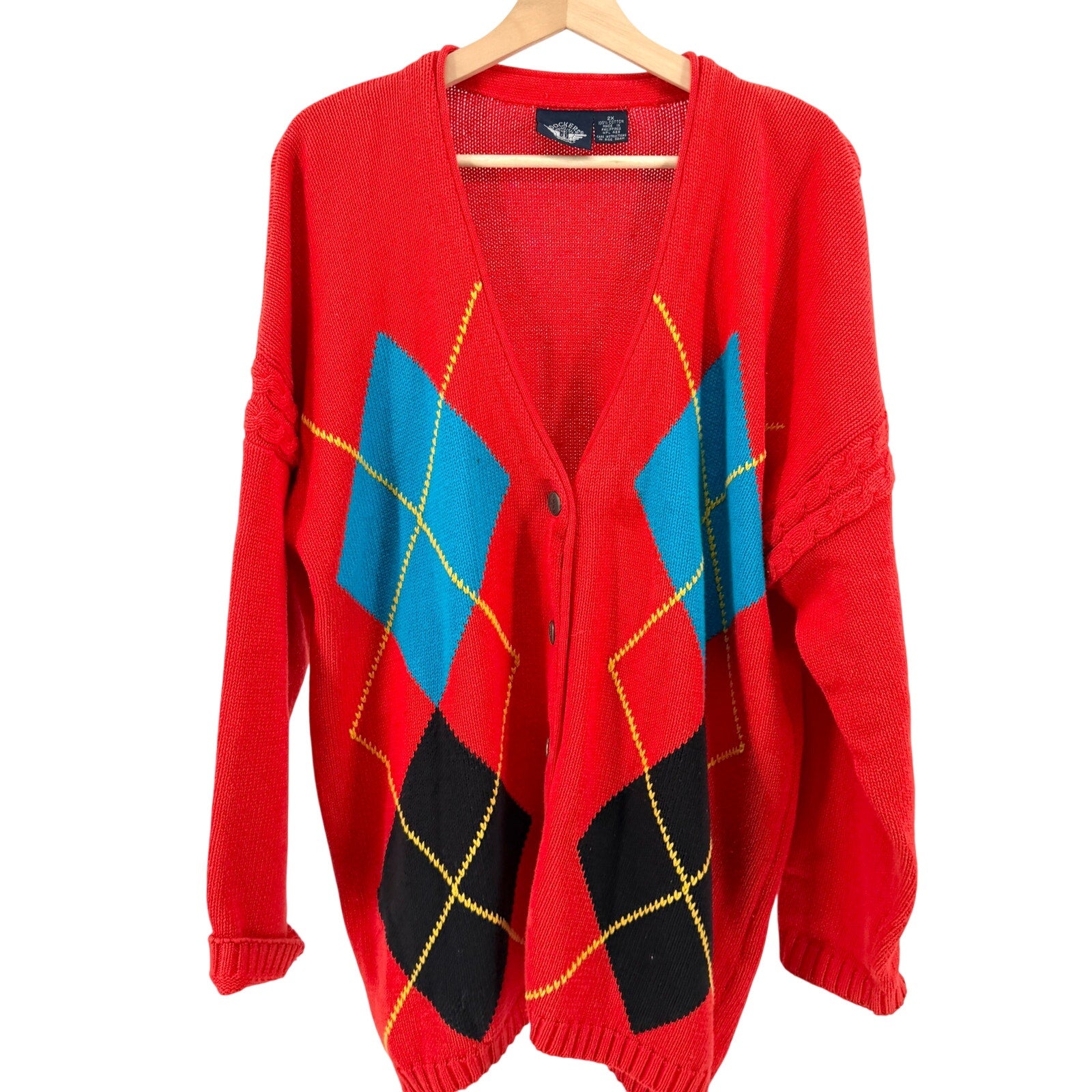 Vintage 90s Dockers Red 100% Cotton Oversized Argyle Cardigan Sweater