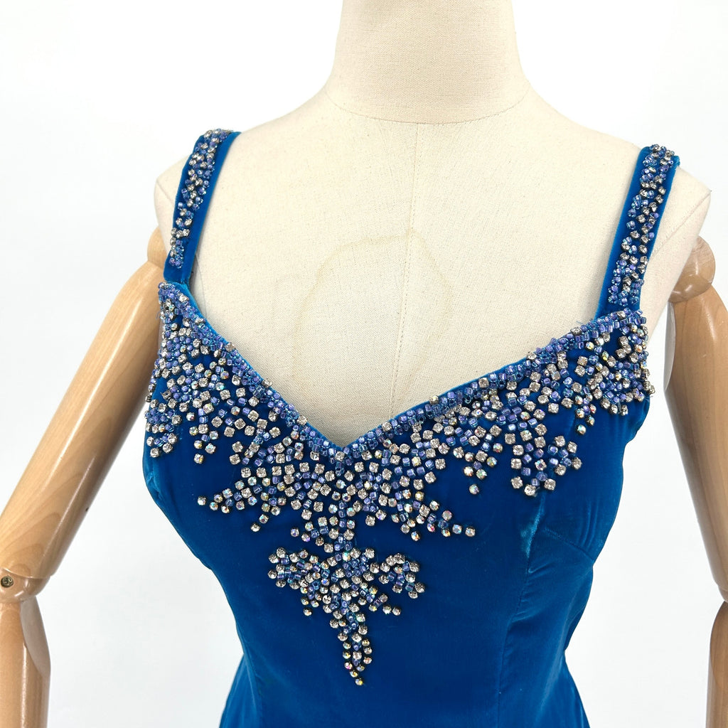 Vintage 50s Jovani Blue Velvet Rhinestone Beaded Evening Gown Dress