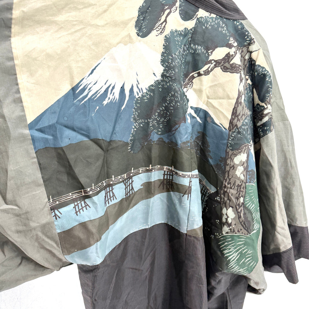 Vintage 50s Gray 100% Silk Mt Fuji Mens Haori Kimono Jacket