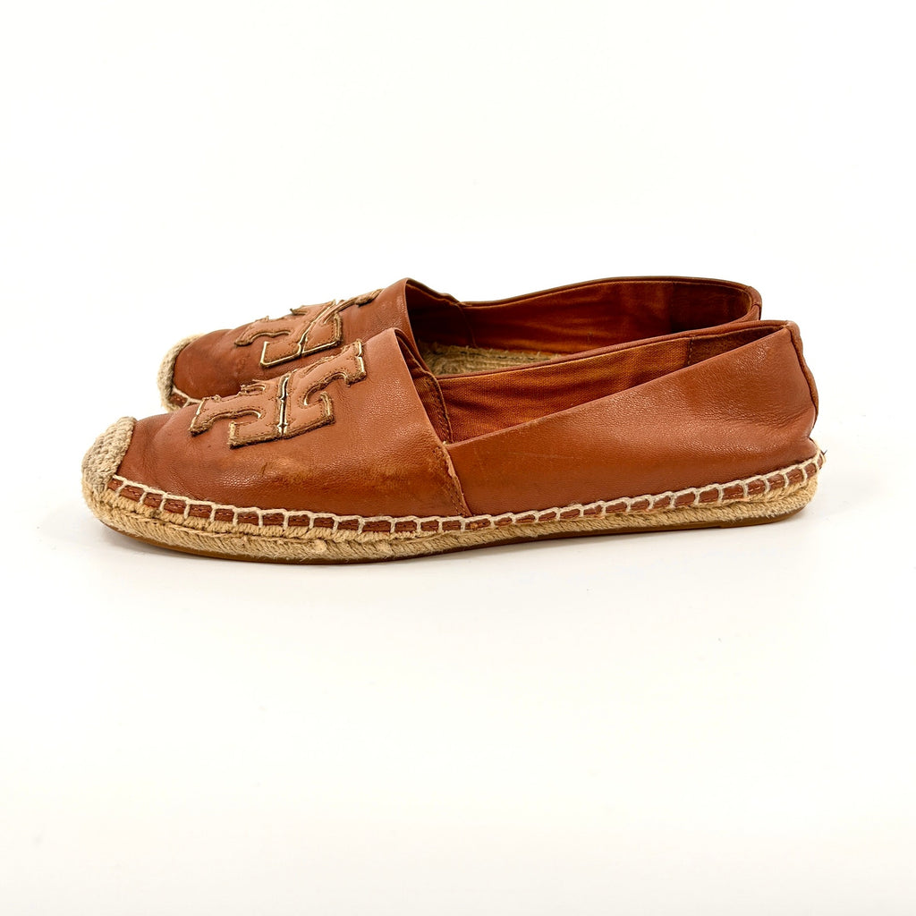 Tory Burch Tan Genuine Leather Logo Jute Espadrille Flats