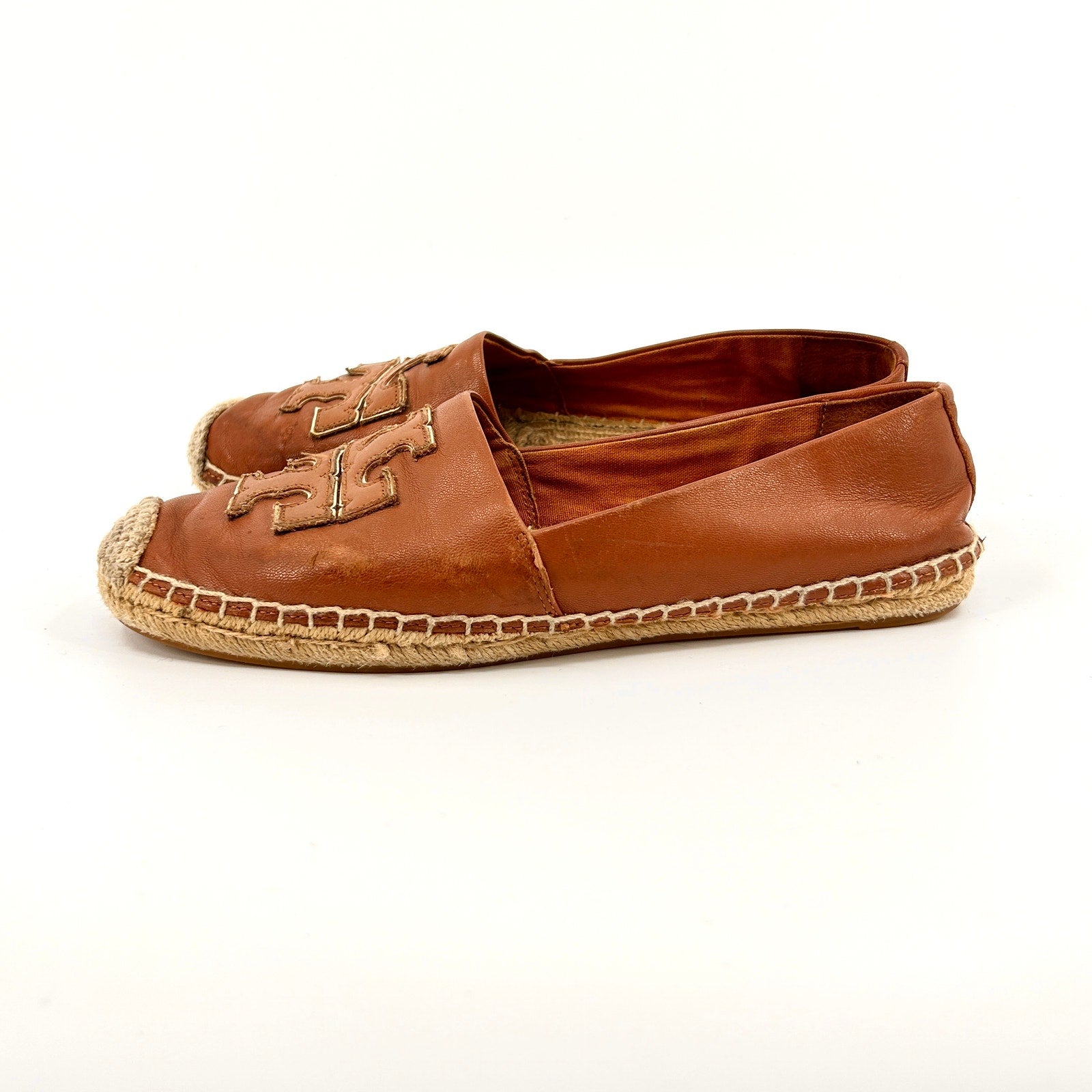 Tory Burch Tan Genuine Leather Logo Jute Espadrille Flats