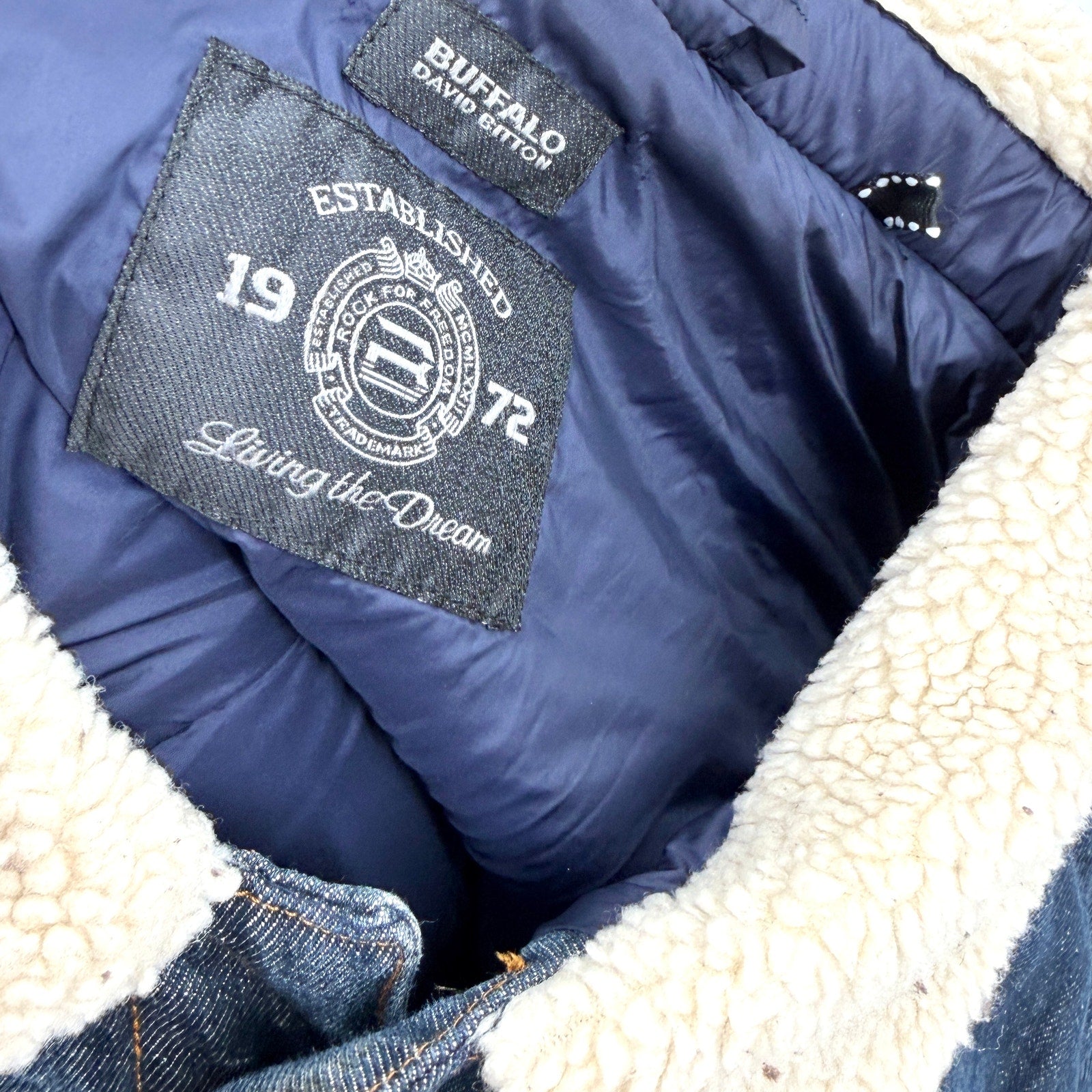 Buffalo David Bitton Navy Blue Denim Faux Shearling Puffer Jacket