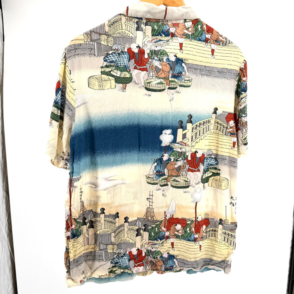 California Select Originals Japanese Fishing Village Print Rayon Button Down