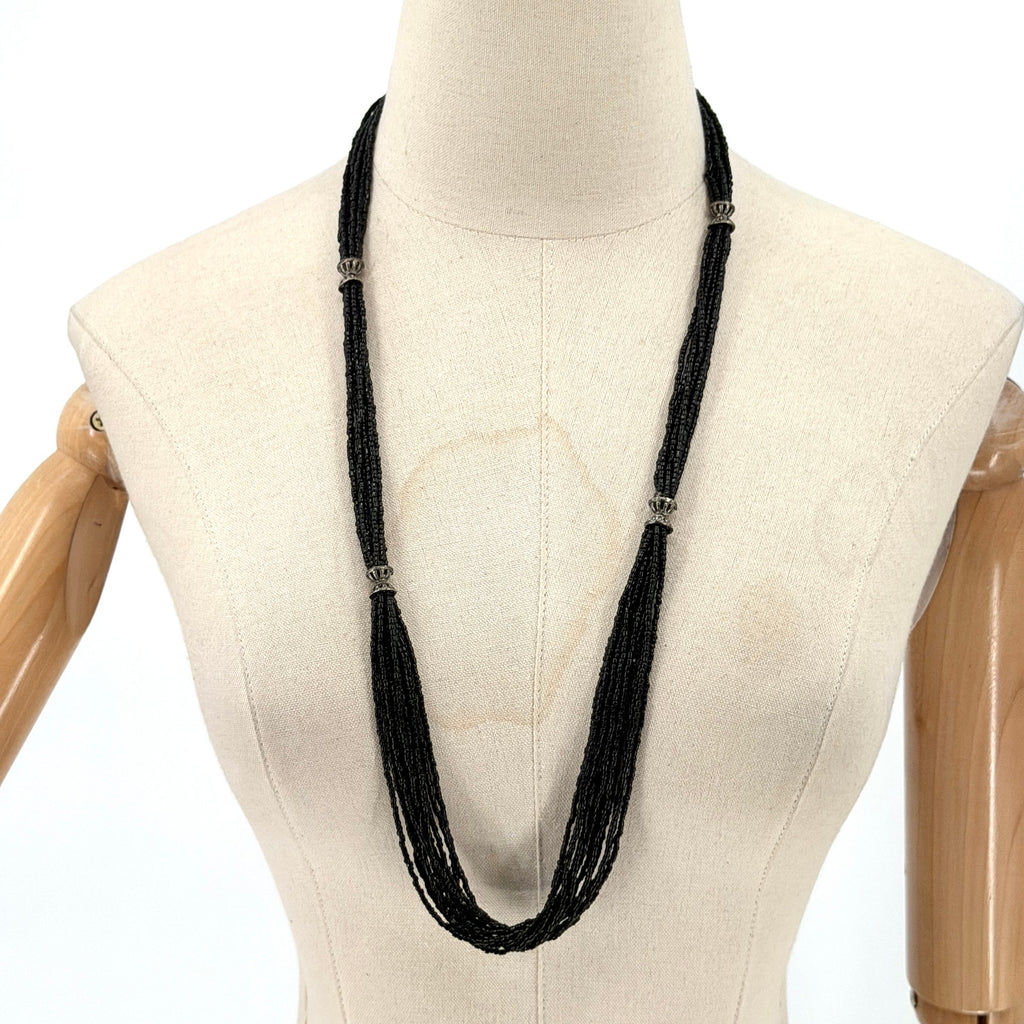 Vintage Black Multi Strand Glass Seed Bead Silver Tone Accent Statement Necklace
